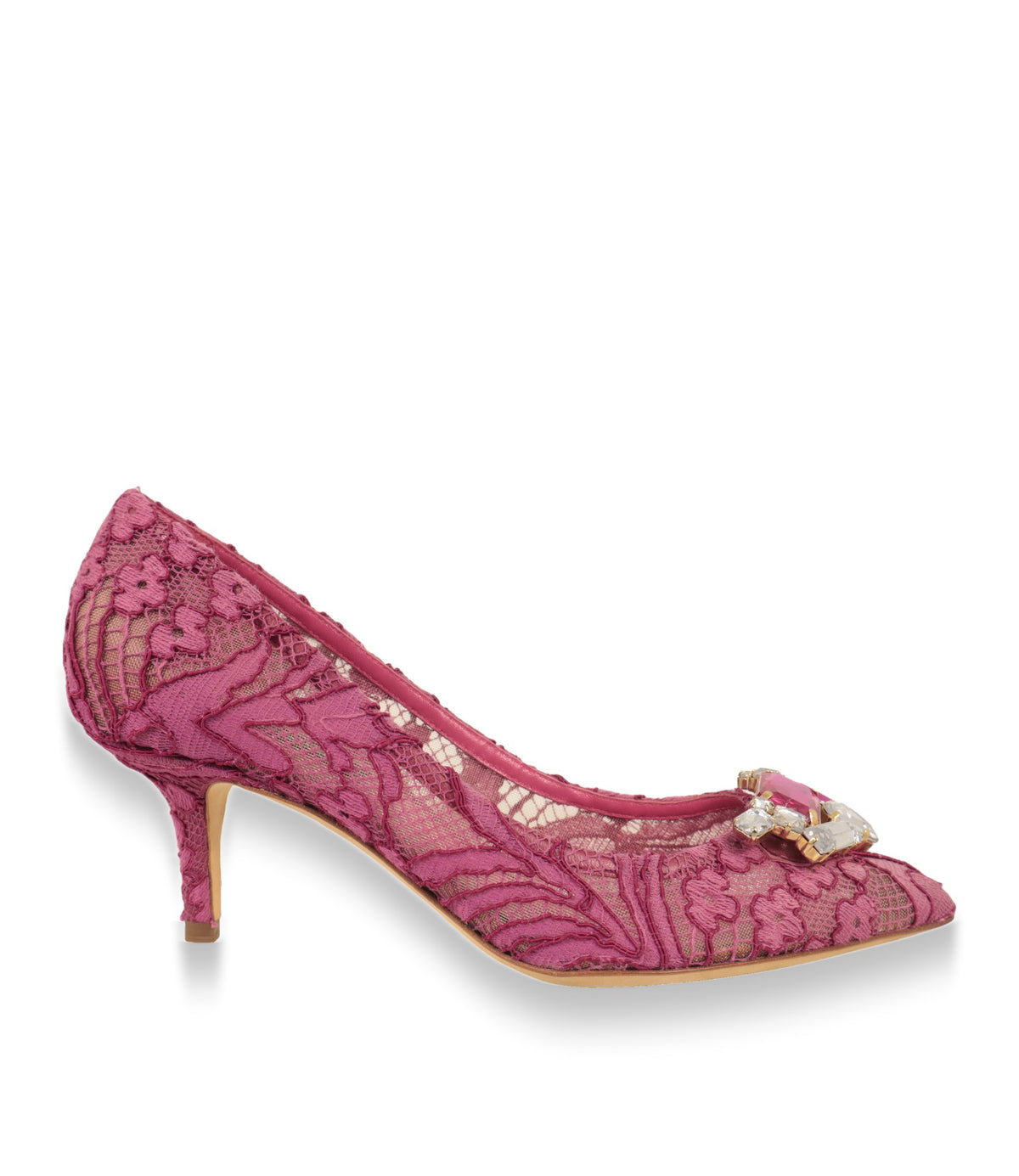 Dolce & Gabbana Pumps aus pinker Spitze in der Seitenansicht mit schlankem Kitten-Heel