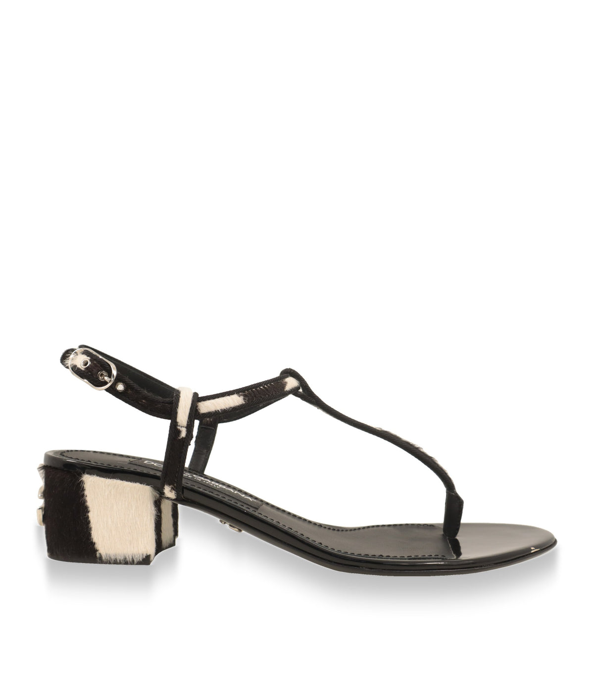 Dolce & Gabbana Sandalen in Schwarz-Weiß mit Zebra-Muster und Blockabsatz, Seitenansicht