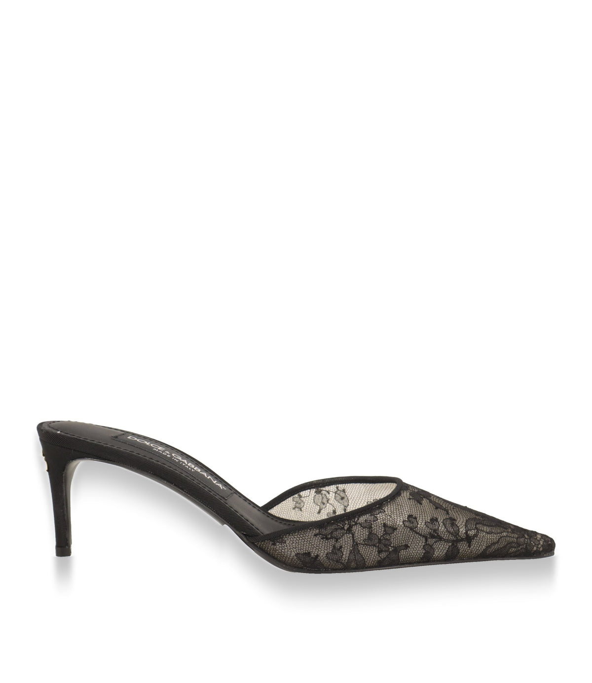 Dolce & Gabbana Mules in Schwarz aus Chantilly-Spitze, Seitenansicht mit schlankem Absatz