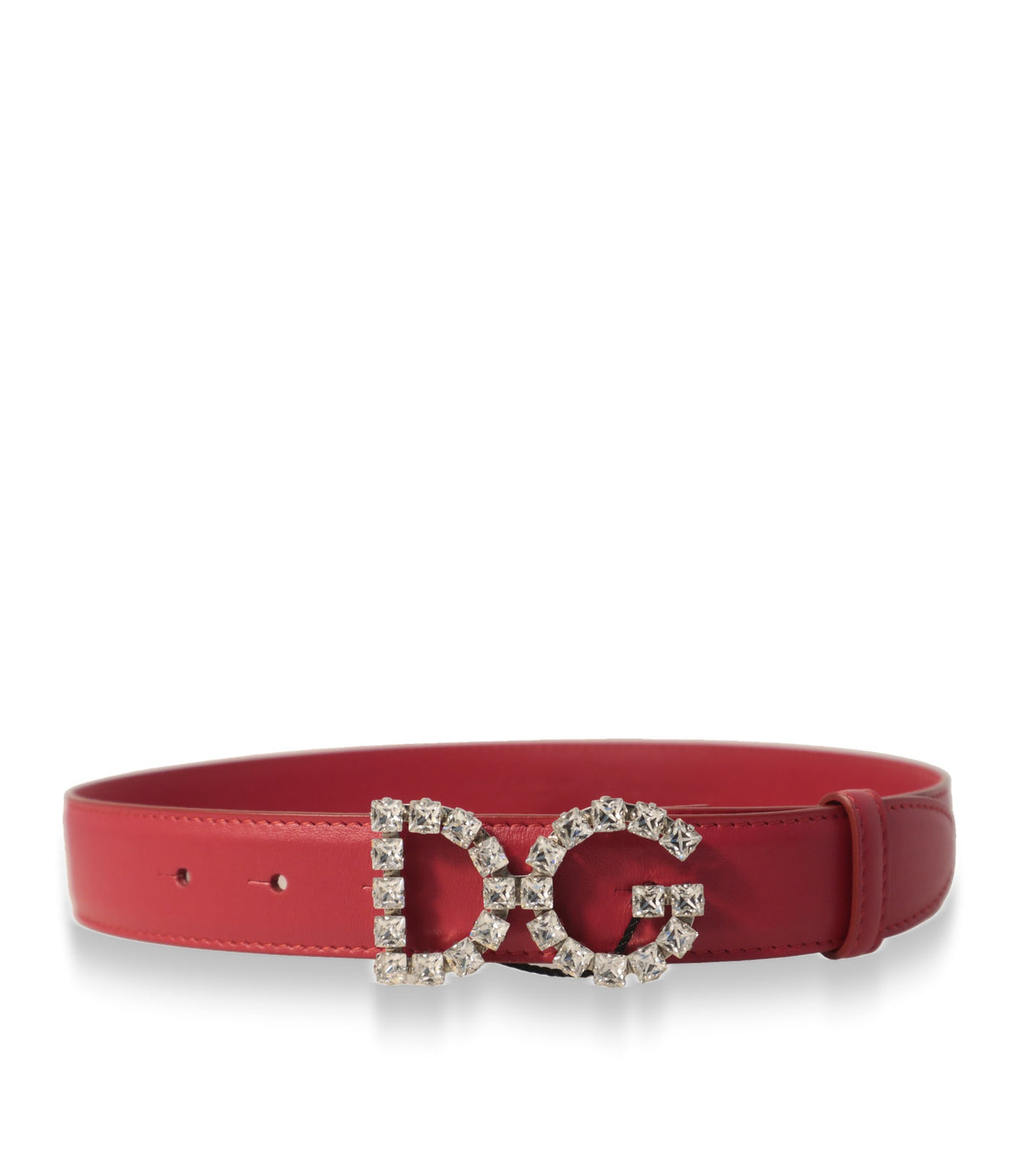 Dolce & Gabbana Gürtel aus rotem Kalbsleder mit Kristall-DG-Schnalle in Seitenansicht