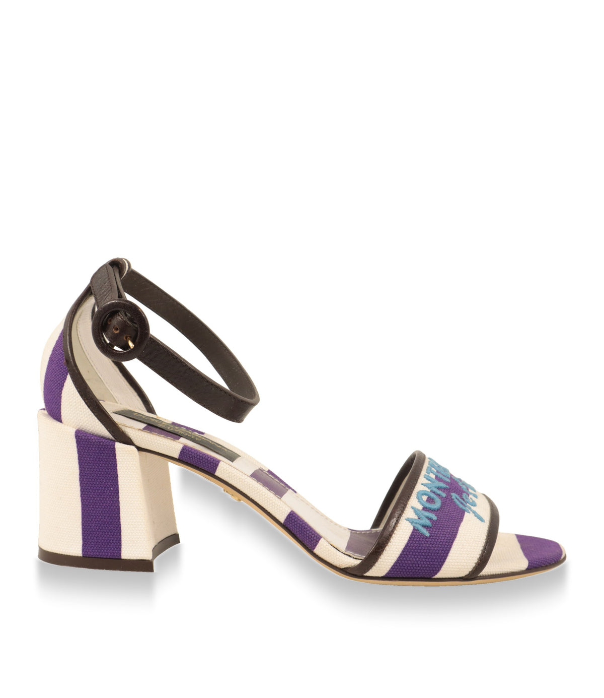 Dolce & Gabbana Sandaletten in Violett-Weiß gestreiftem Canvas, Seitenansicht mit Blockabsatz