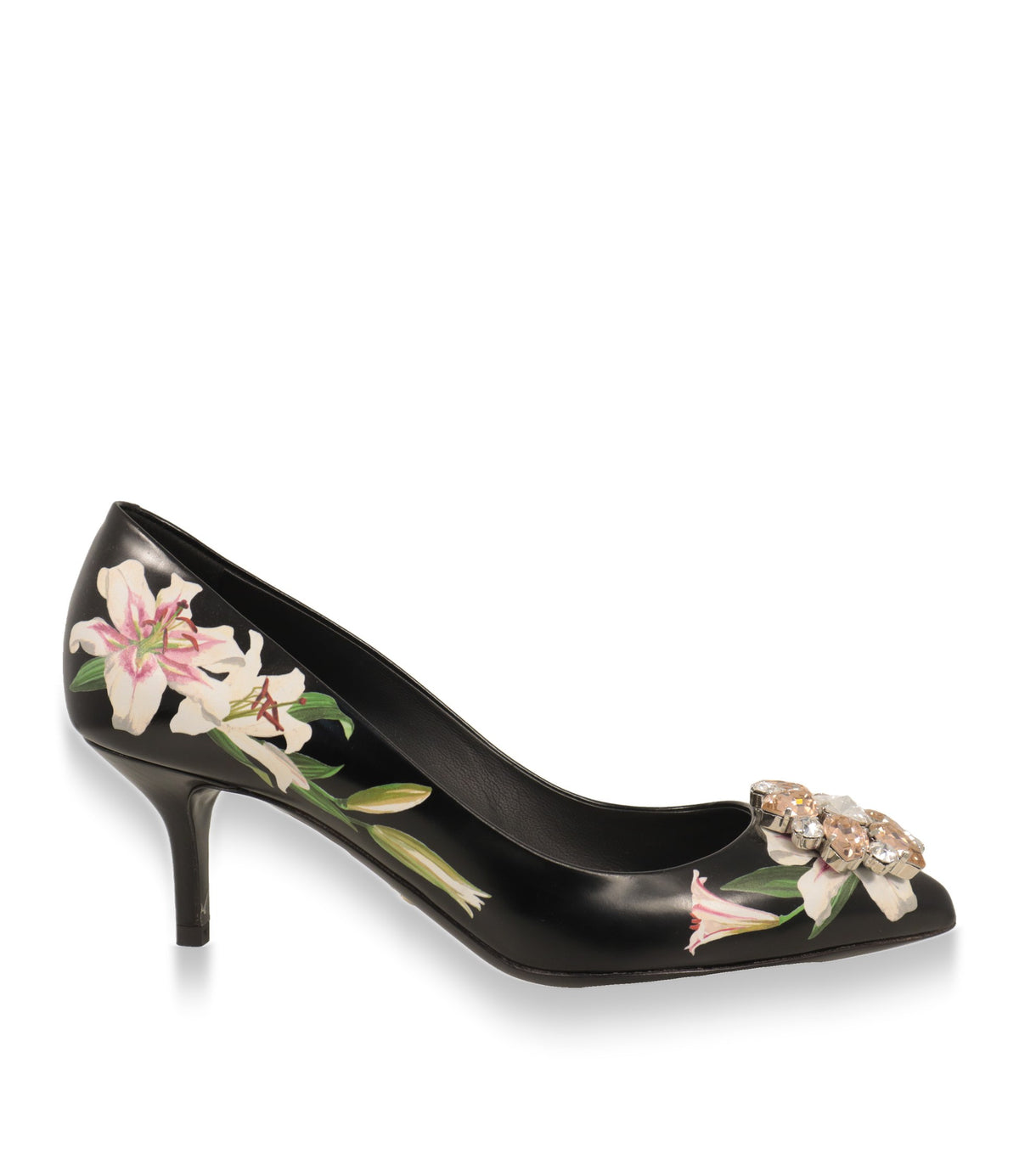 Dolce & Gabbana Pumps schwarz mit Lilien-Print und Kristallbrosche in Seitenansicht