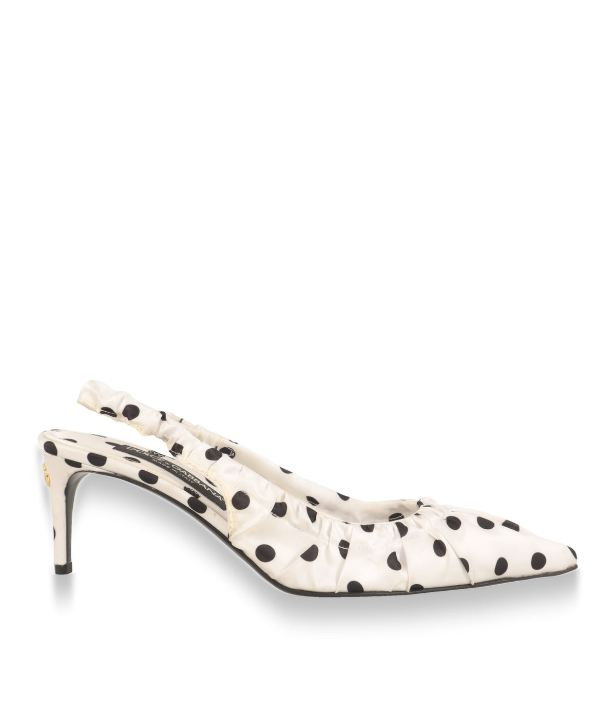 Dolce & Gabbana Slingback Pumps in Weiß mit schwarzen Punkten, Seitenansicht mit Stiletto-Absatz