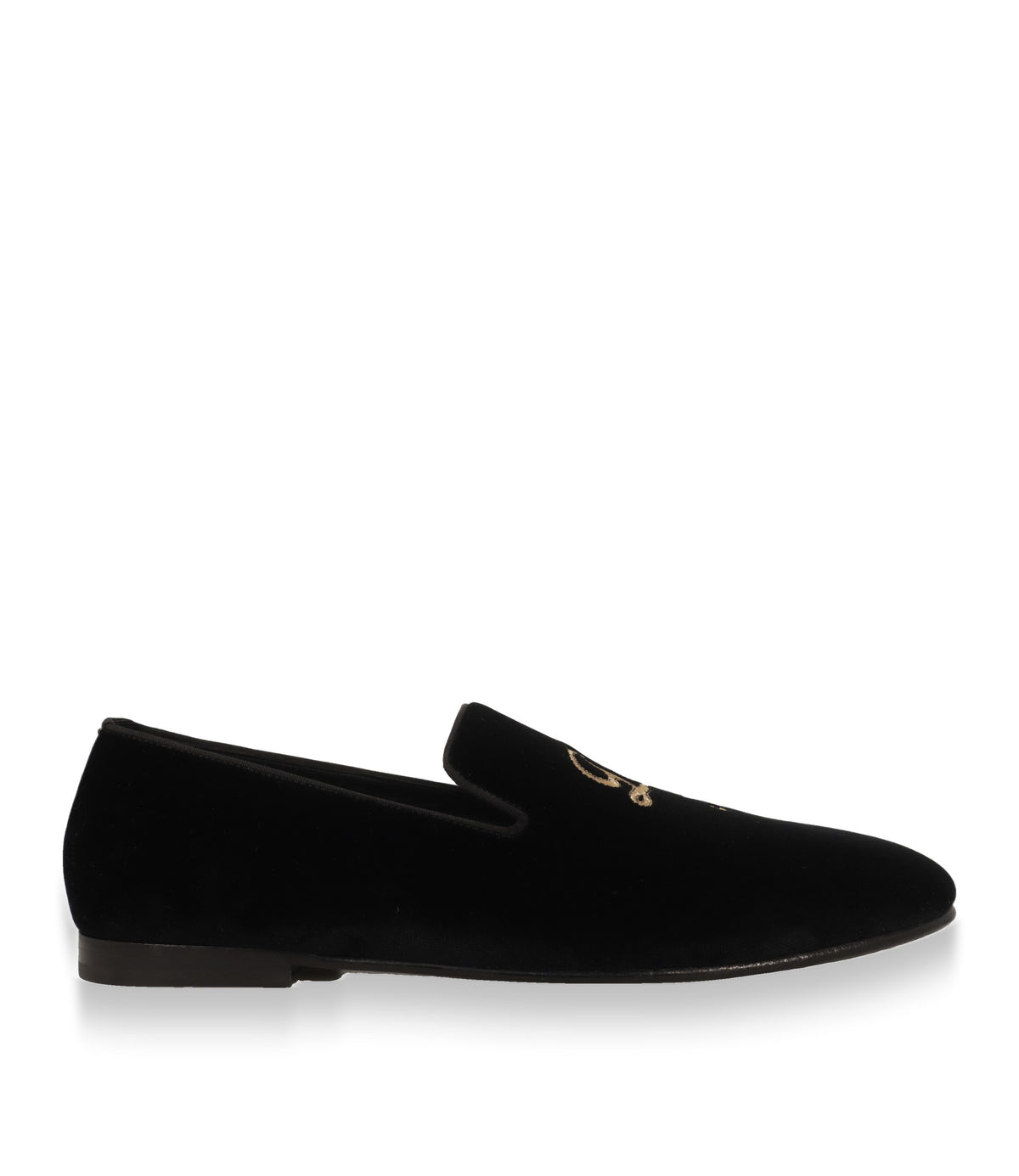 Dolce & Gabbana Slipper aus schwarzem Samt in der Seitenansicht mit flachem Absatz