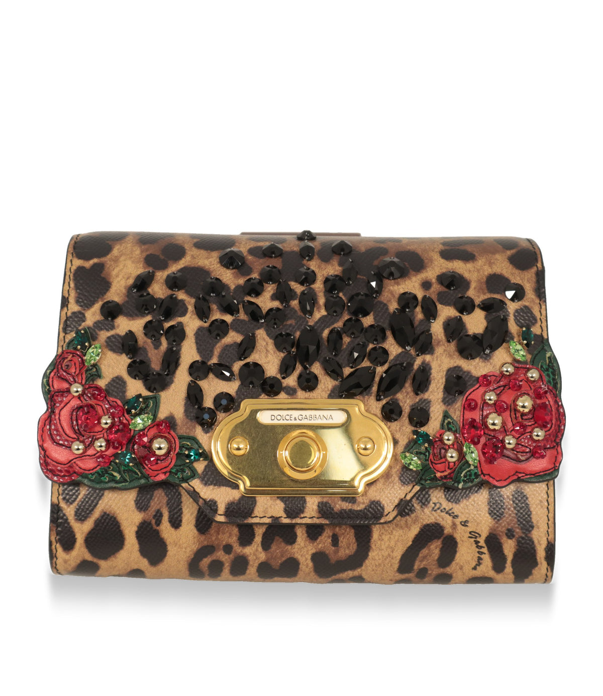 Dolce & Gabbana Umhängetasche mit Leo-Print, schwarzen Kristallen und roten Rosen-Applikationen in der Frontansicht
