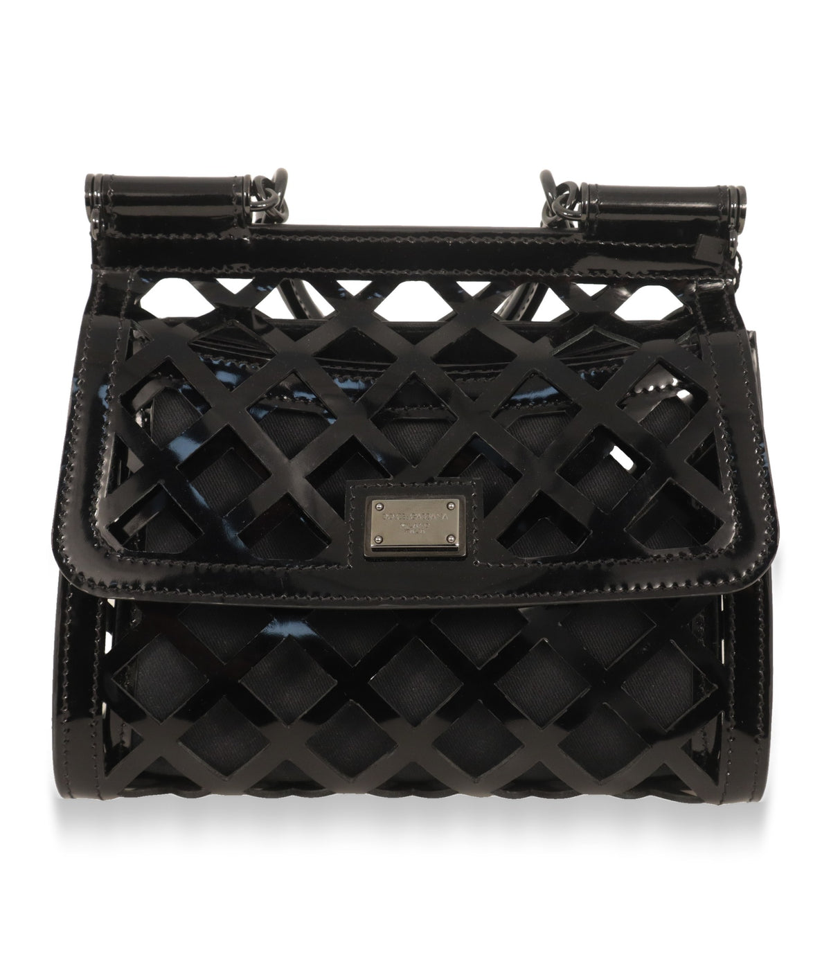 Dolce & Gabbana Schultertasche aus schwarzem Lackleder mit durchbrochenem Rautenmuster, Frontansicht