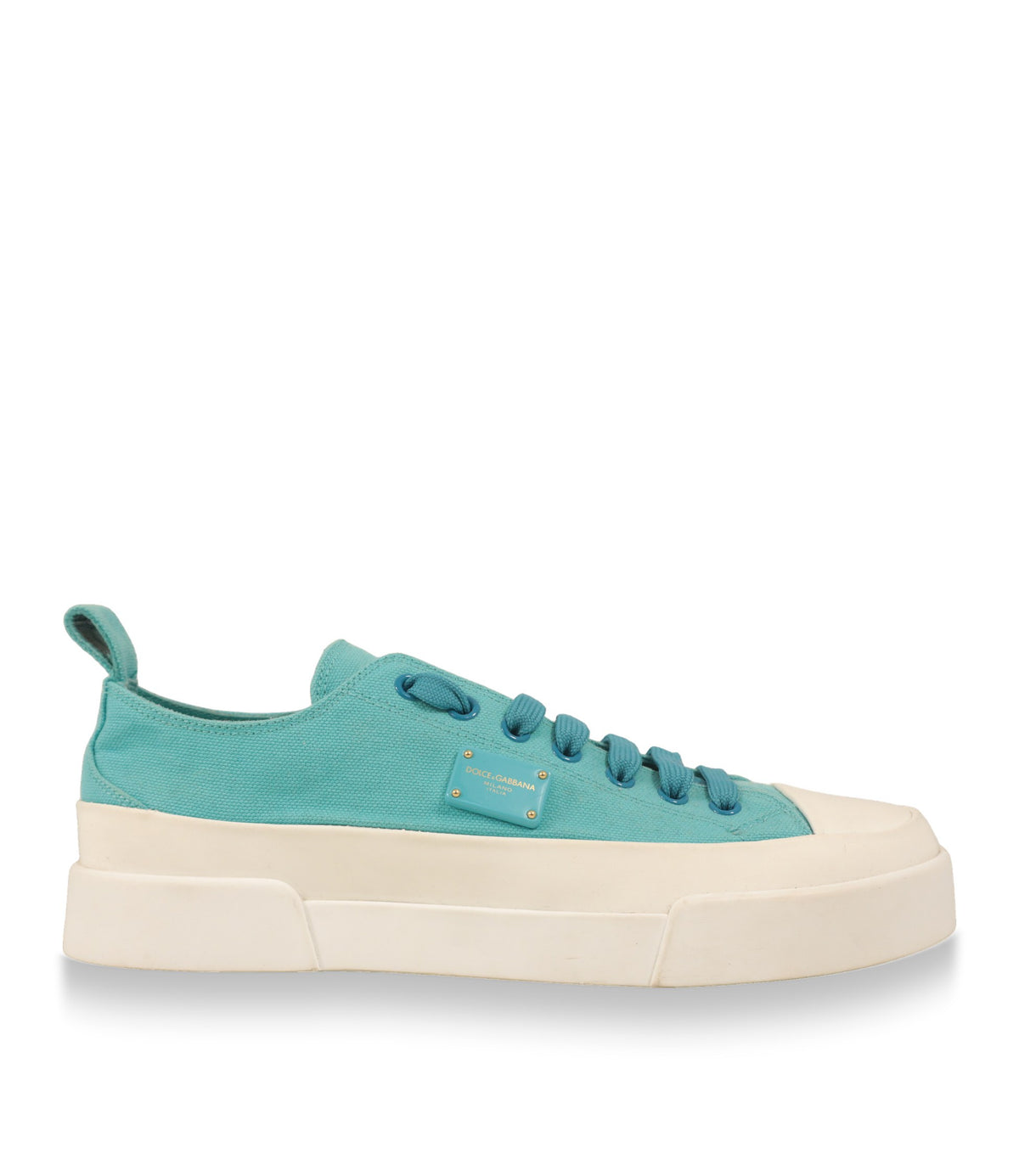 Dolce & Gabbana Sneaker in Türkis aus Canvas mit weißer Plateausohle, Seitenansicht