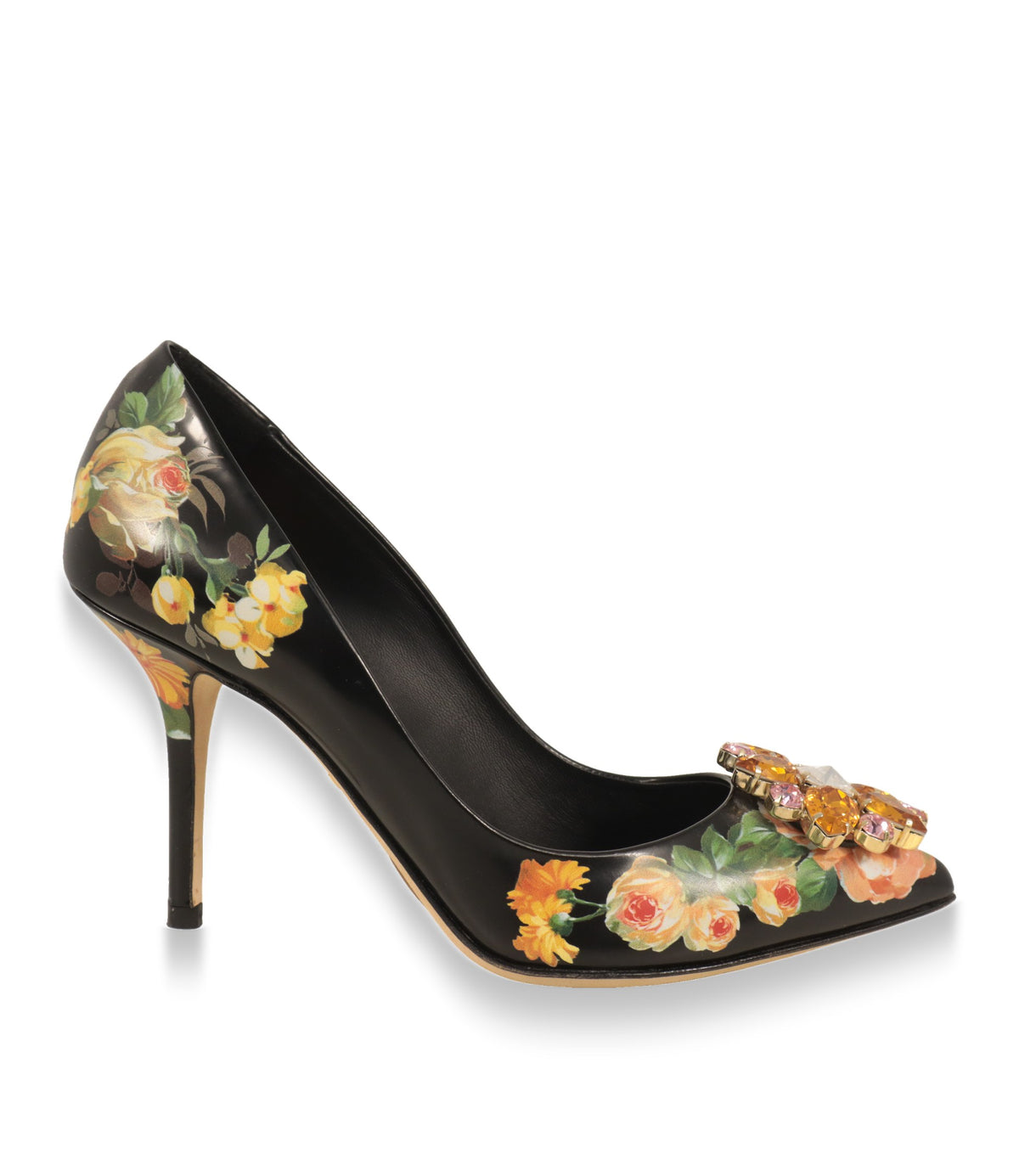Dolce & Gabbana Pumps in Schwarz mit Blumenmuster und Stiletto-Absatz, Seitenansicht