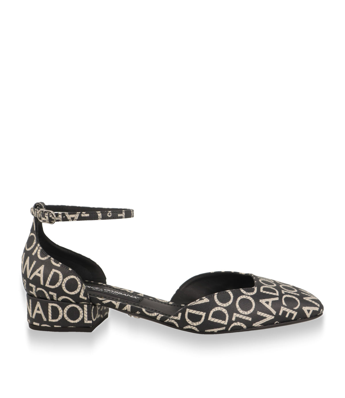 Dolce & Gabbana Mary Jane Schuhe in Schwarz-Weiß mit Logo-Jacquard, Seitenansicht