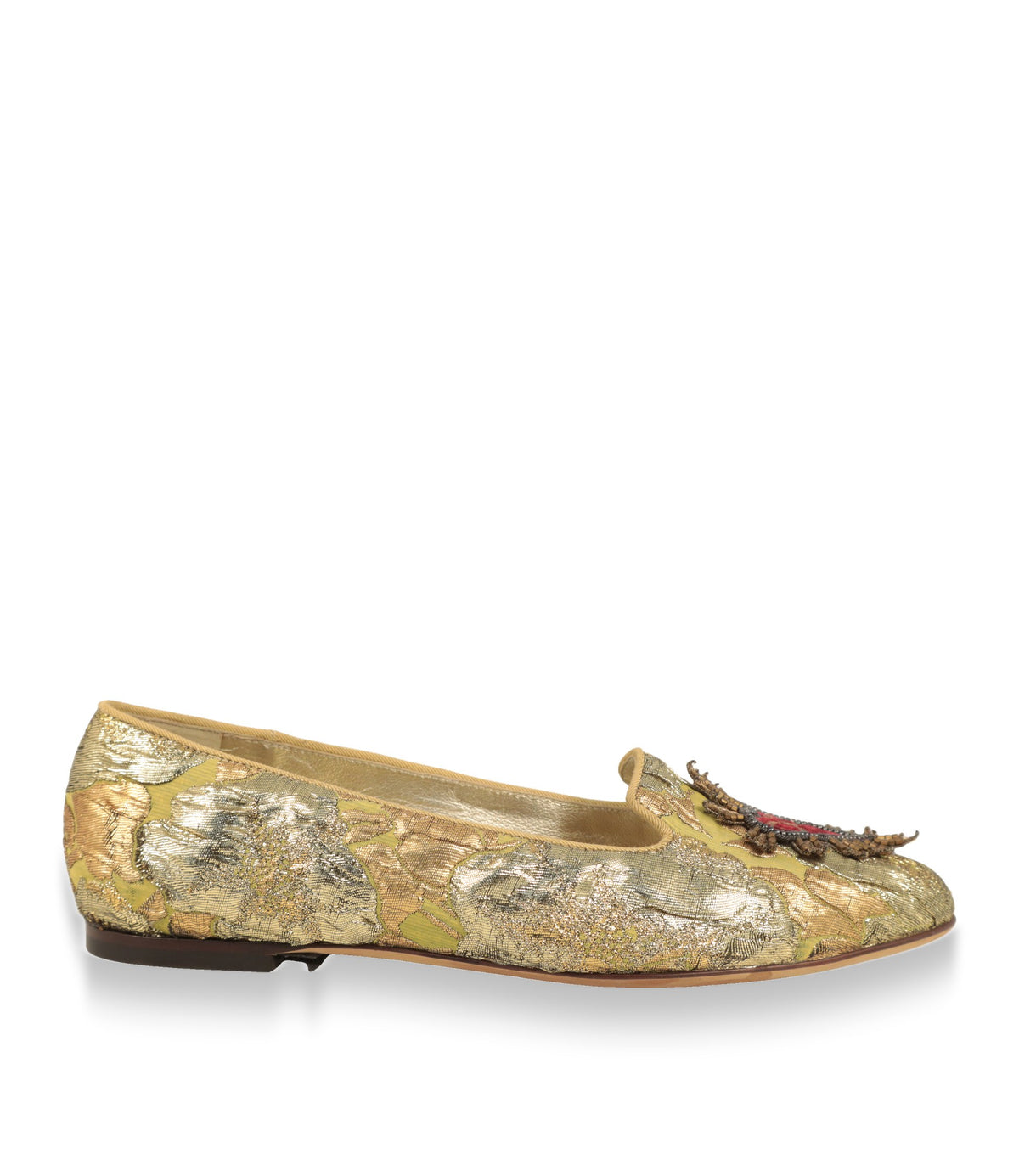 Dolce & Gabbana Slipper Damen in Gold-Jacquard, Seitenansicht mit flacher Ledersohle
