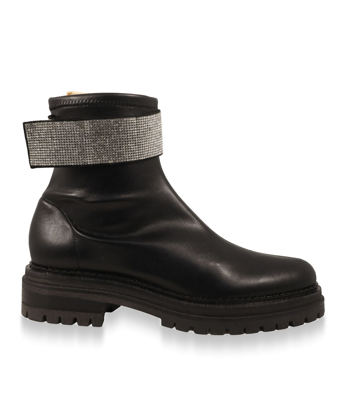 Sergio Rossi Stiefeletten aus schwarzem Leder mit Kristallband in der Seitenansicht