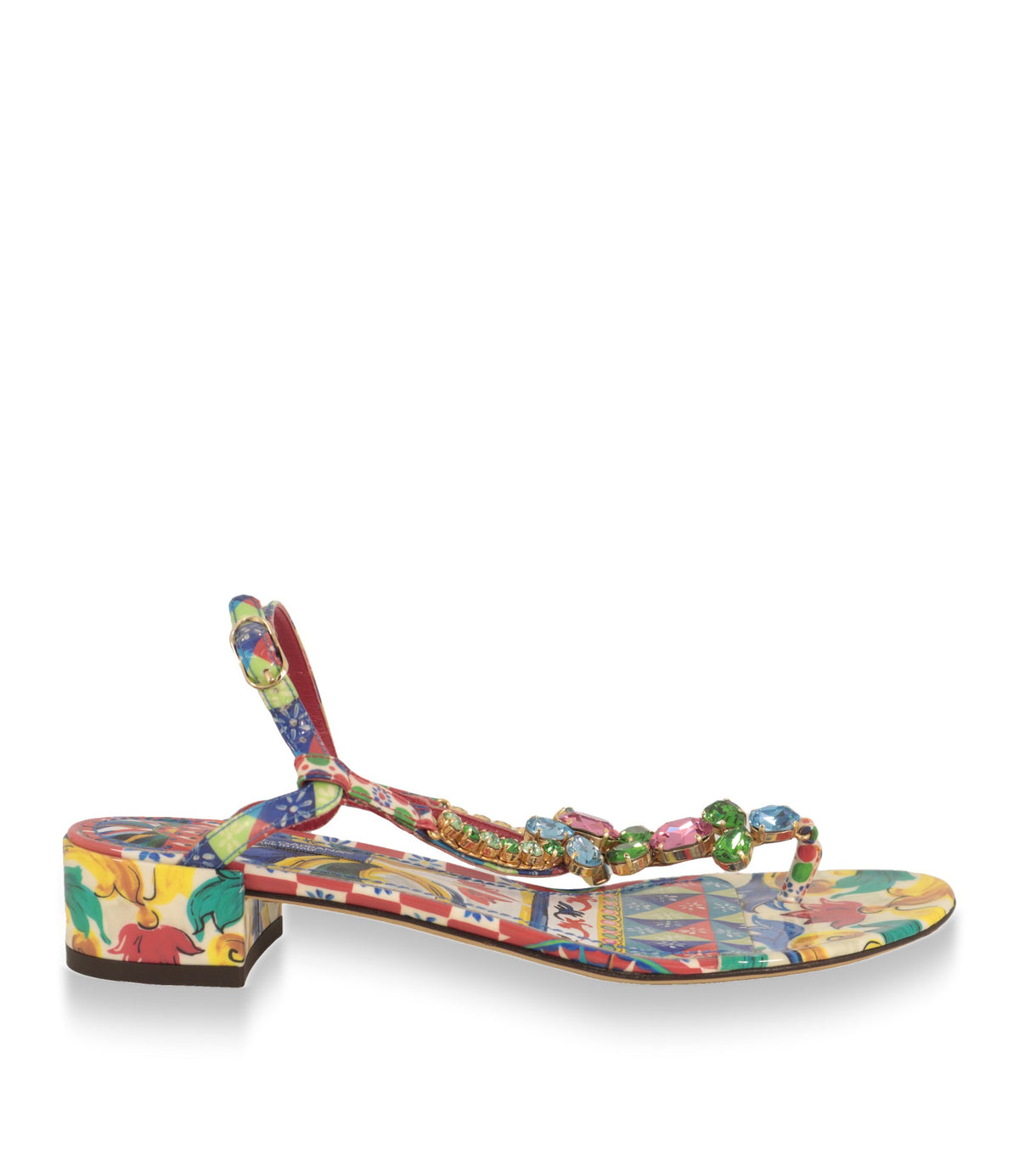 Dolce & Gabbana Sandalen mit Carretto-Print in Seitenansicht, niedriger Blockabsatz