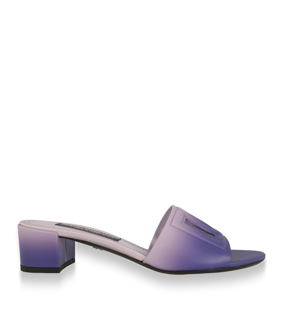 Dolce & Gabbana Mules in Violett-Degradé aus Leder, Seitenansicht mit Blockabsatz
