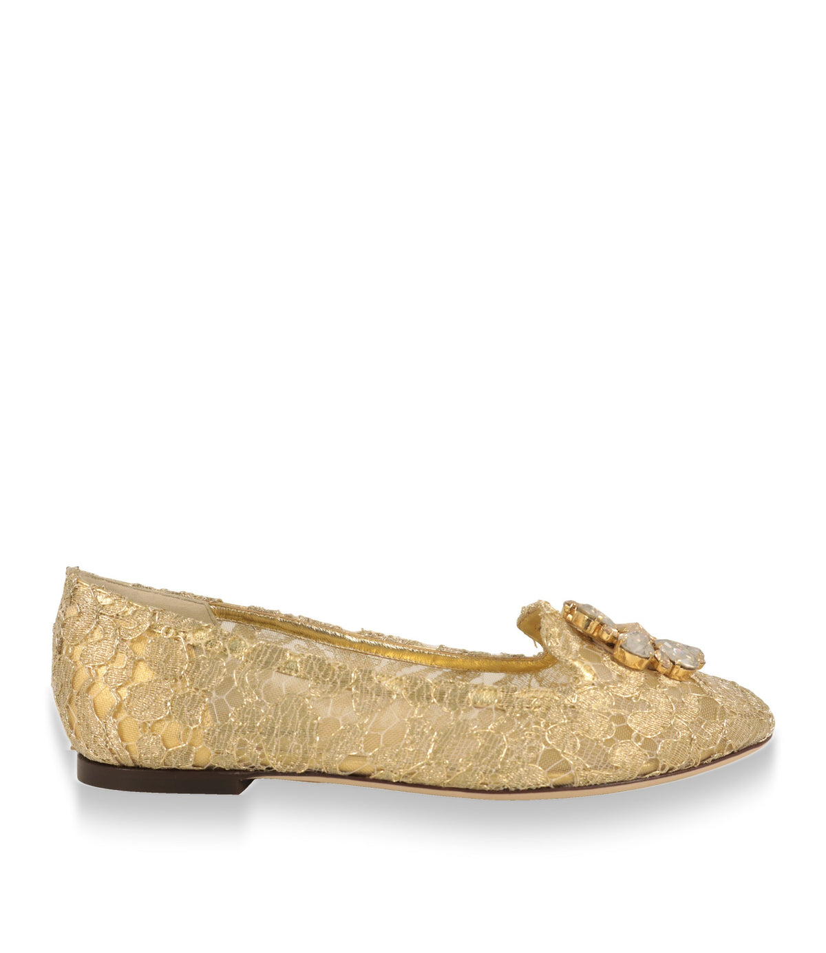 Dolce & Gabbana Slipper in Gold aus Spitze mit Kristallbrosche, Seitenansicht