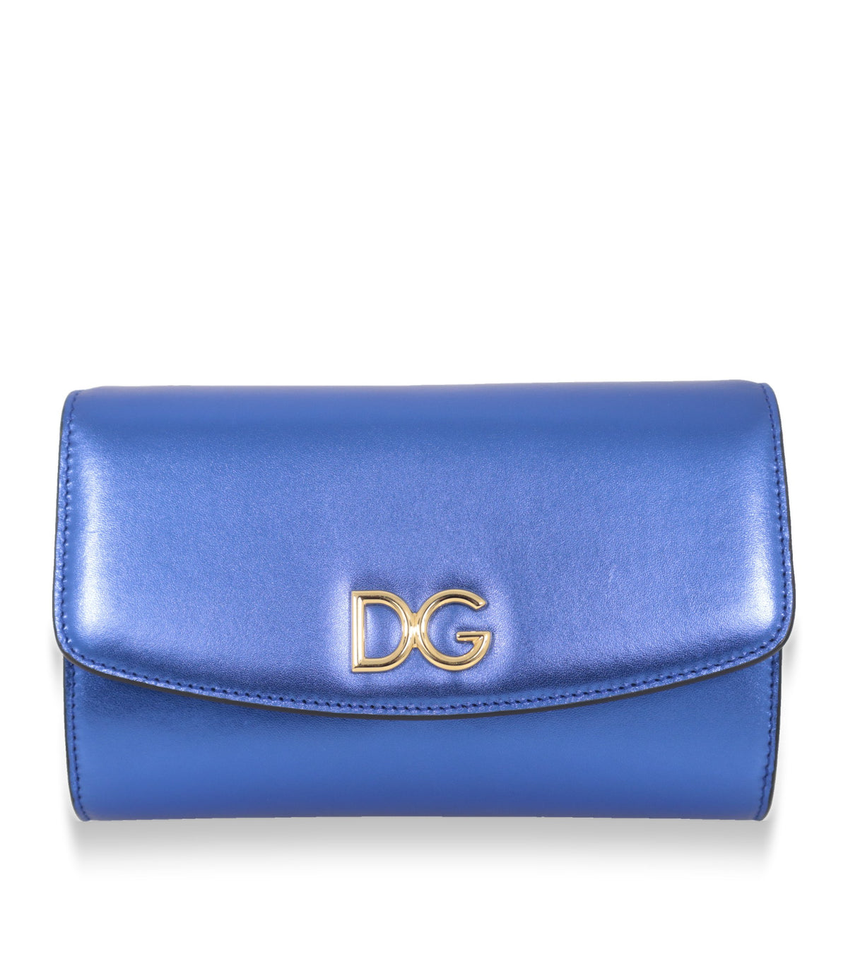 Dolce & Gabbana Umhängetasche aus blauem Metallic-Leder mit goldenem DG-Logo, Frontansicht