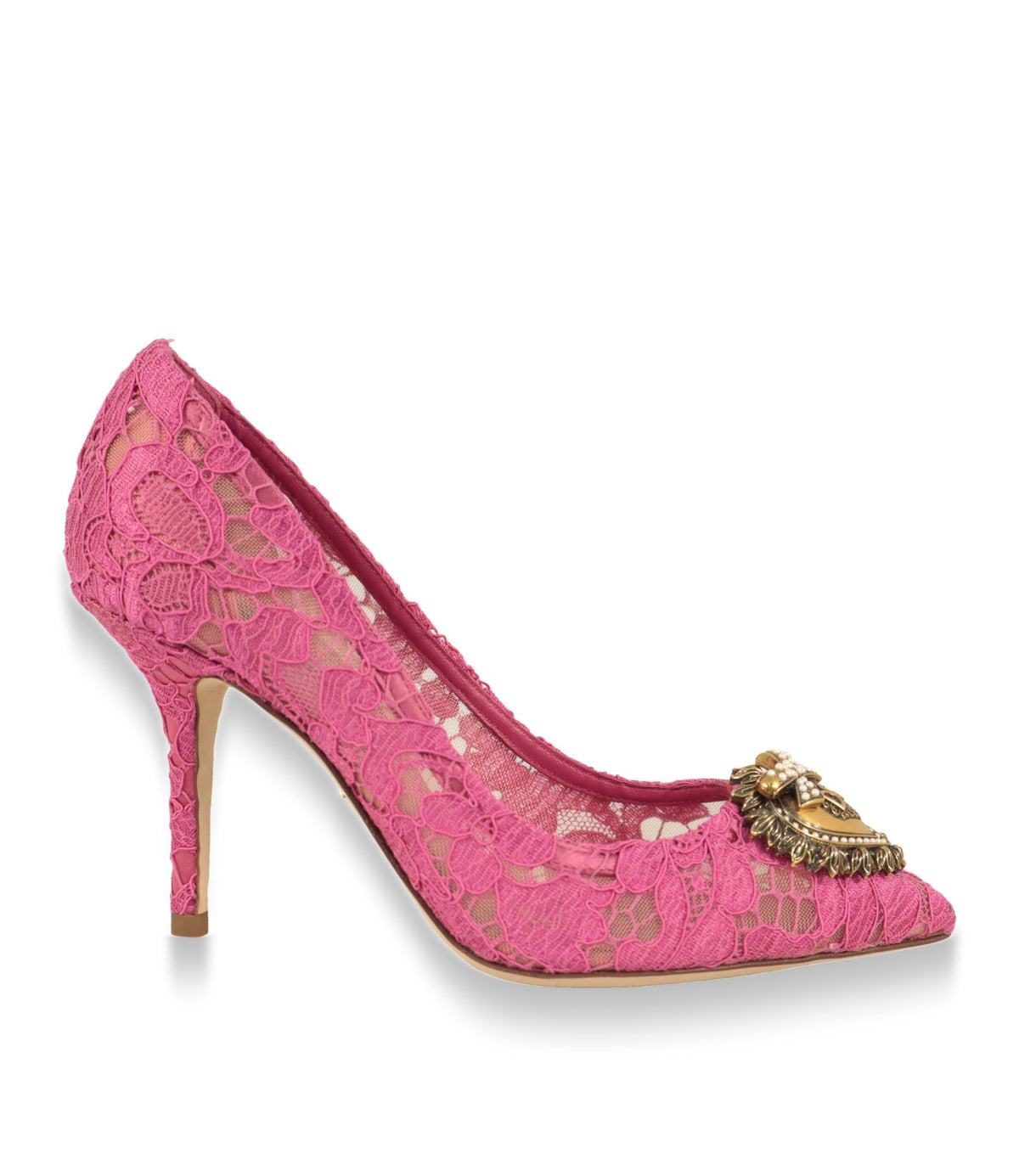 Dolce & Gabbana Pumps in fuchsiafarbener Spitze mit Stiletto-Absatz in der Seitenansicht