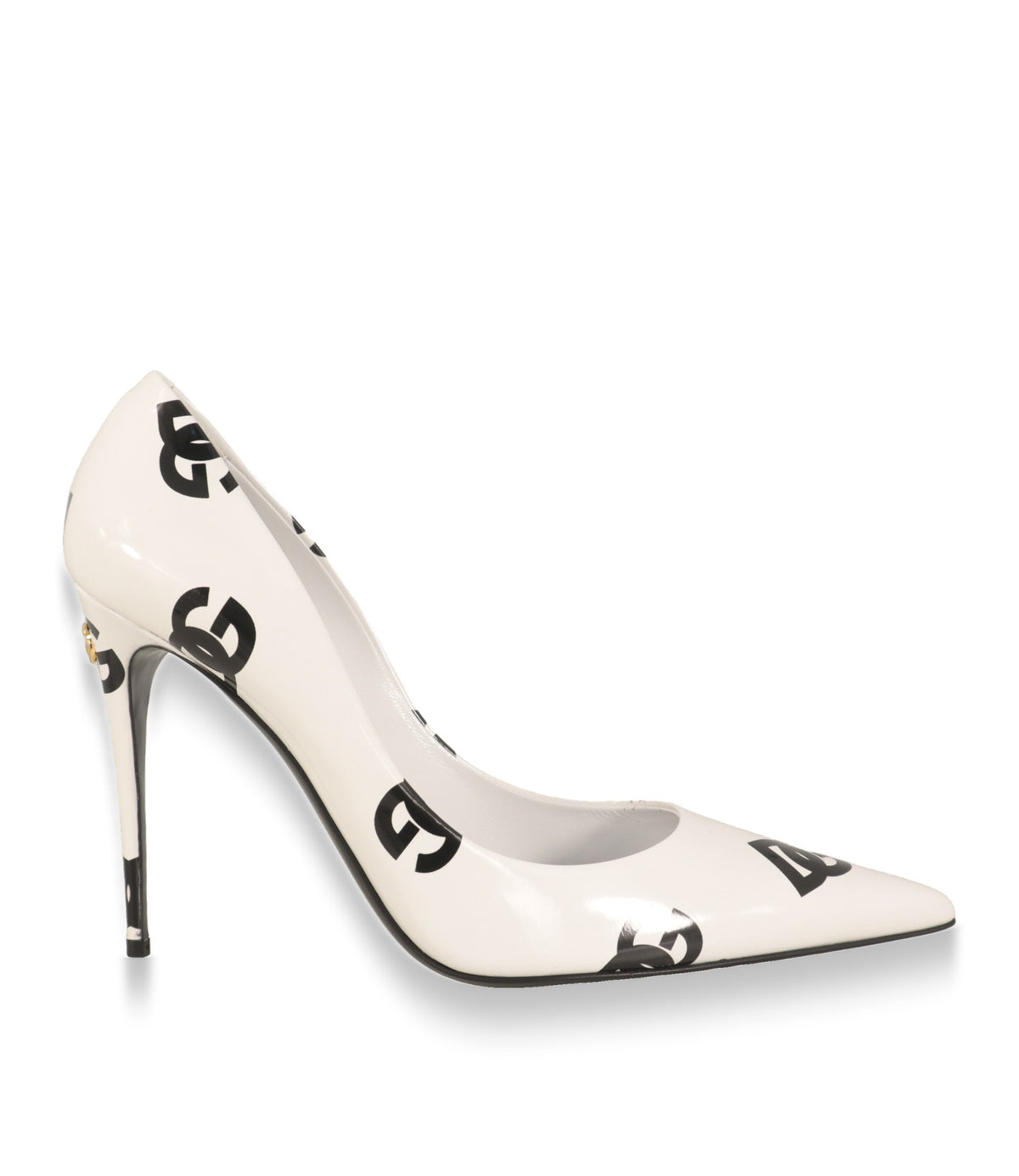 Dolce & Gabbana Pumps in Weiß mit schwarzem DG-Logoprint, Seitenansicht mit Stiletto-Absatz
