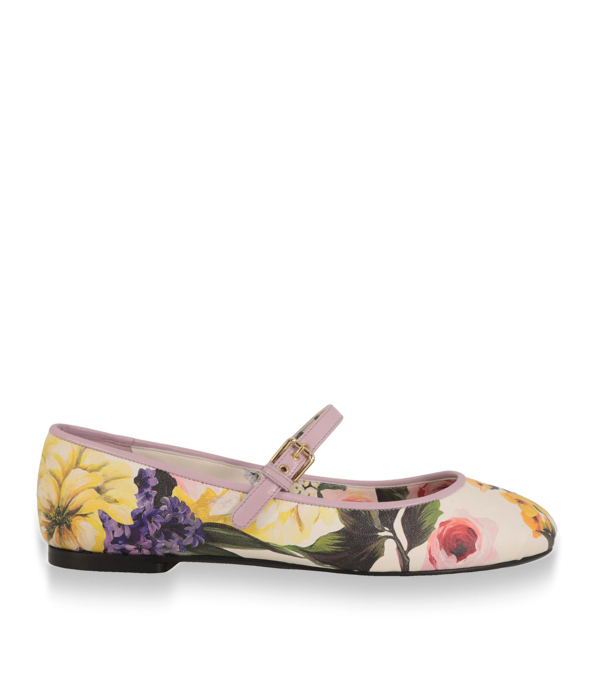 Dolce & Gabbana Mary Jane Schuhe Größe 39 aus weißem Nappaleder mit Blumenprint, Seitenansicht