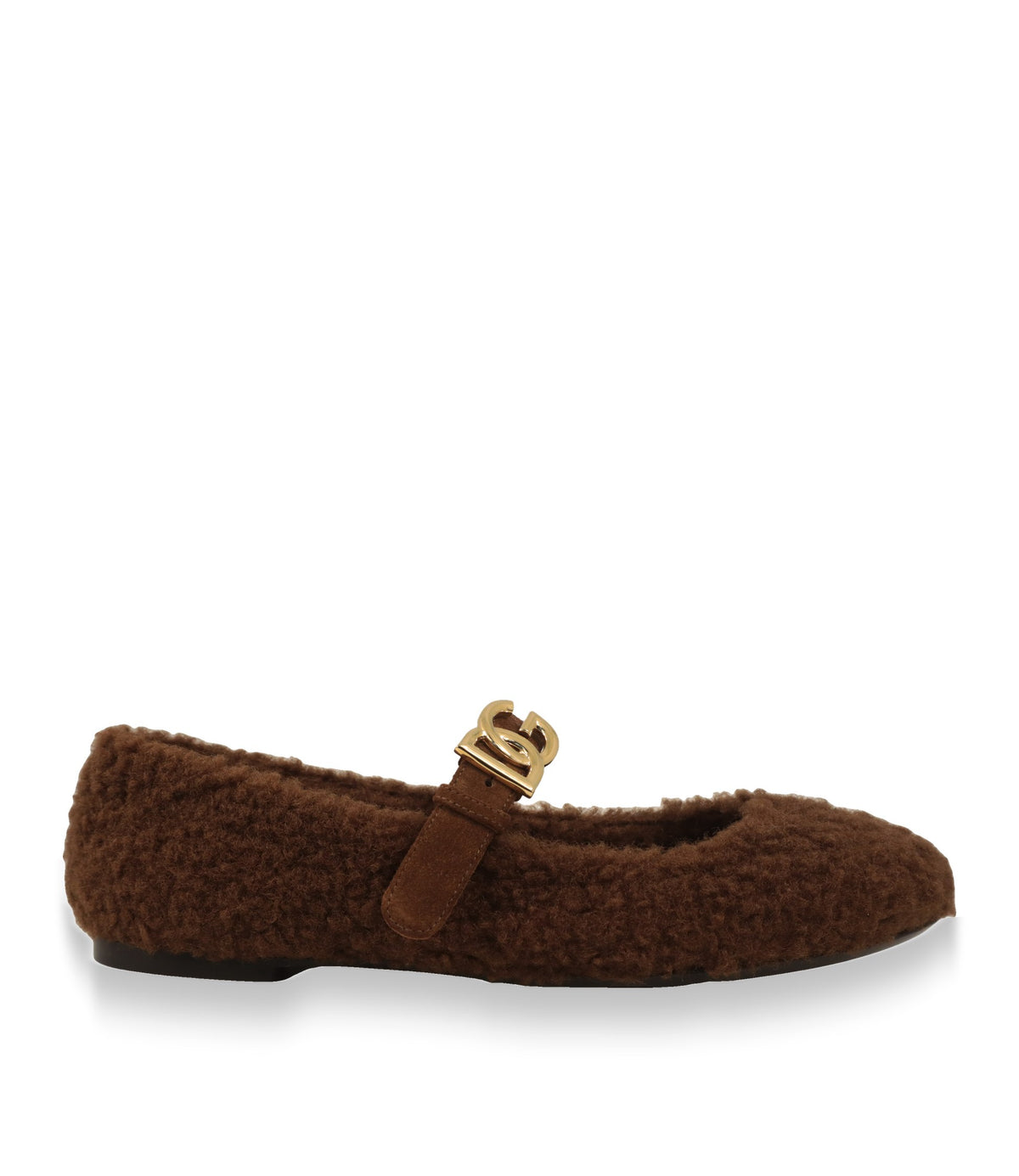 Dolce & Gabbana Ballerinas in Braun aus Teddy-Material, Seitenansicht mit goldener DG-Logoschnalle
