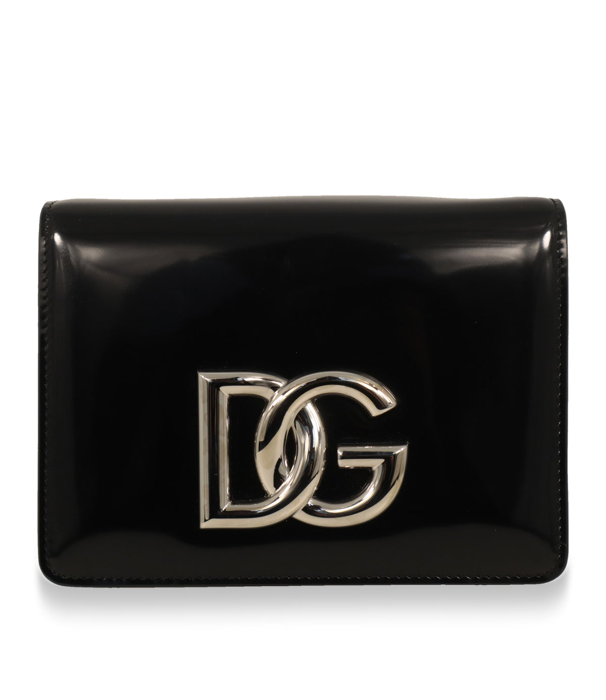 Dolce & Gabbana Umhängetasche aus schwarzem Lackleder mit silberfarbenem DG-Logo, Frontansicht