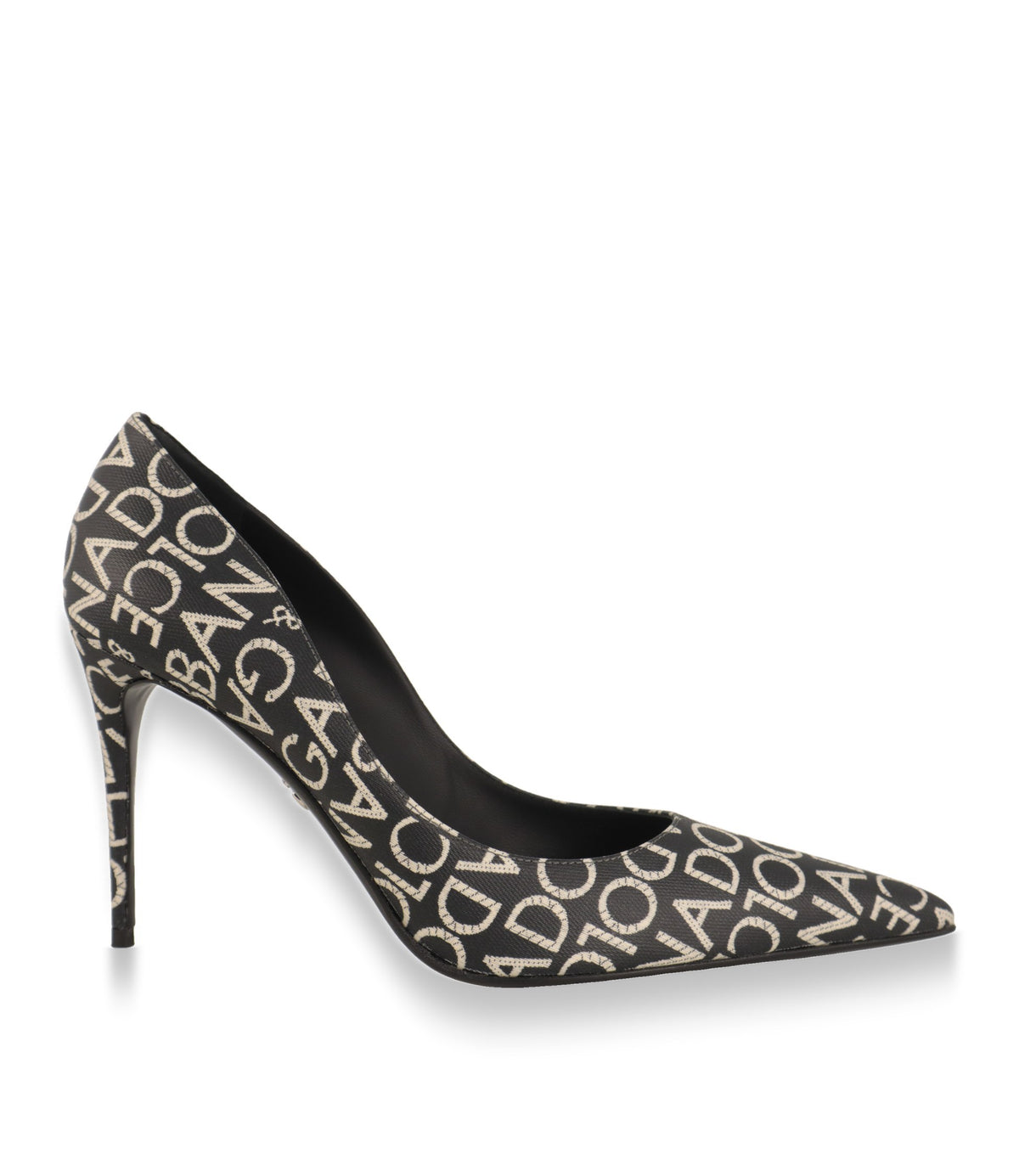 Dolce & Gabbana Pumps in Schwarz-Weiß mit Logo-Jacquard, Seitenansicht mit Stiletto-Absatz