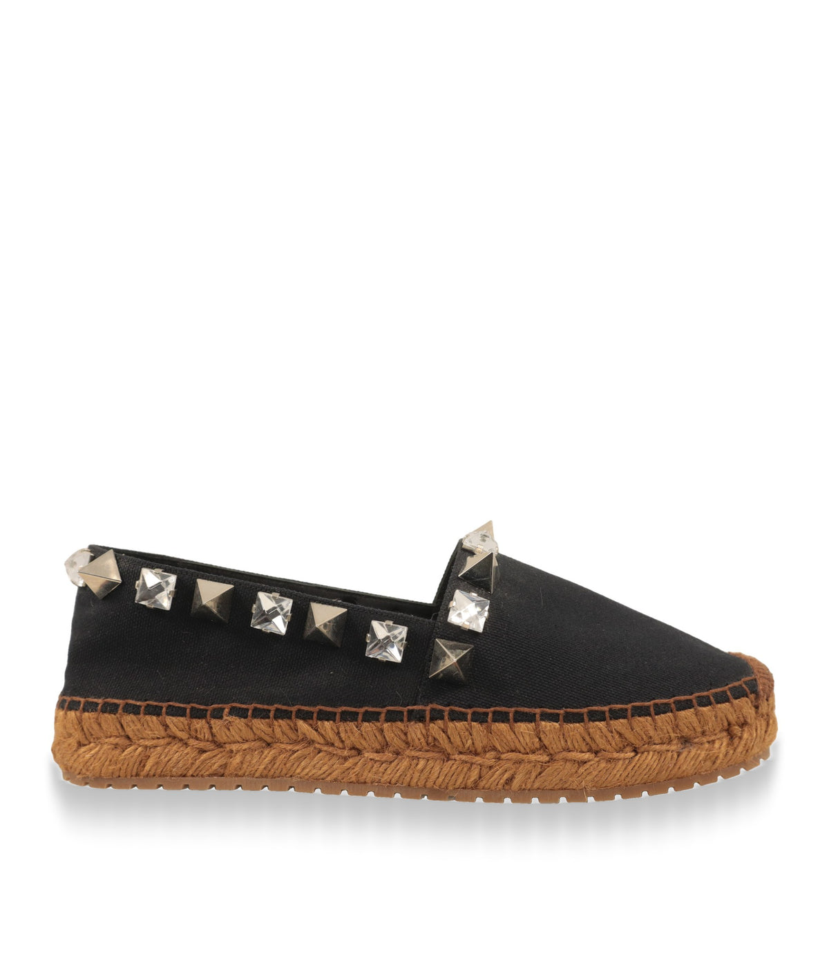 Dolce & Gabbana Espadrilles Größe 39 in schwarzem Canvas, Seitenansicht mit Nieten und Jutesohle
