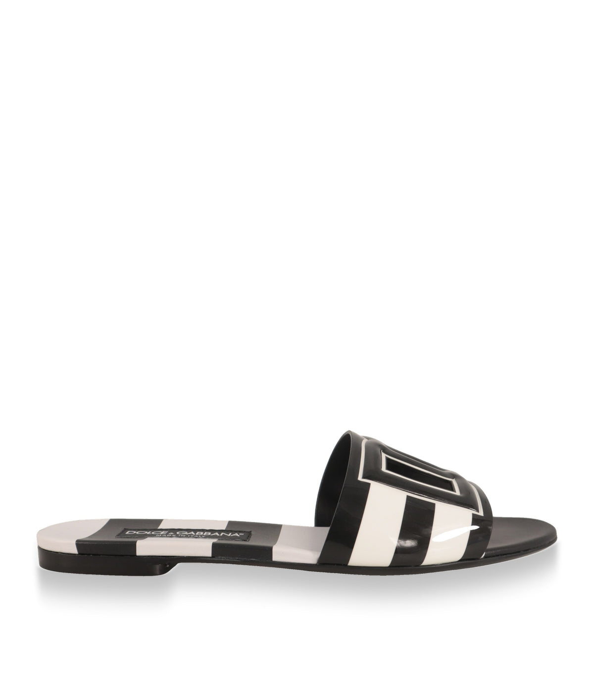Dolce & Gabbana Pantoletten in Schwarz-Weiß, Seitenansicht mit DG-Logo