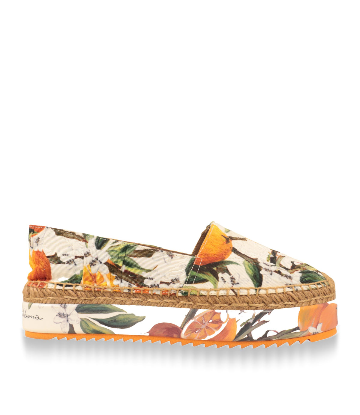 Dolce & Gabbana Espadrilles in Größe 39 mit Orangen-Print, Seitenansicht mit Jute-Plateau und oranger Laufsohle