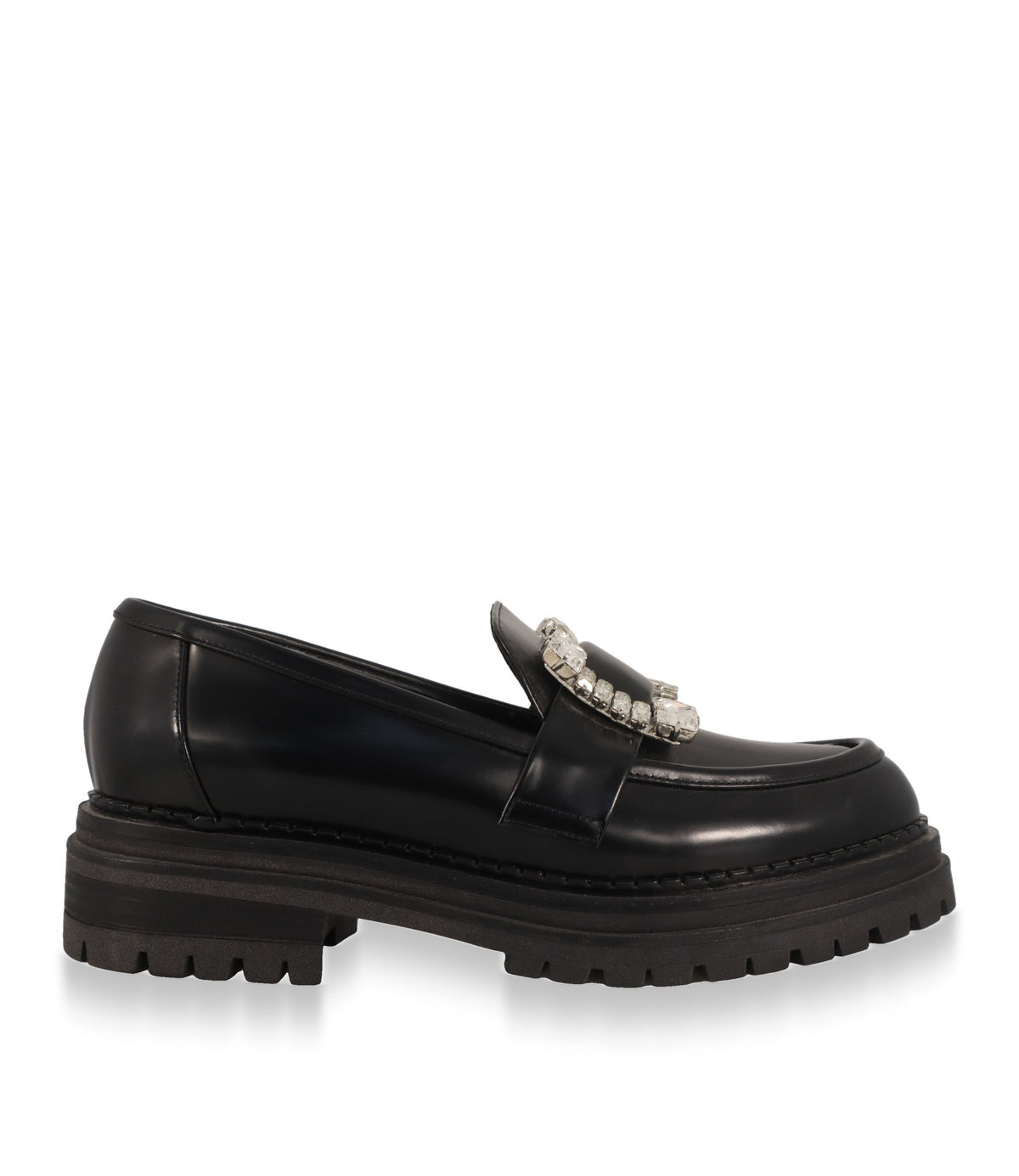 Sergio Rossi Loafer in Schwarz aus Leder mit Kristallschnalle, Seitenansicht