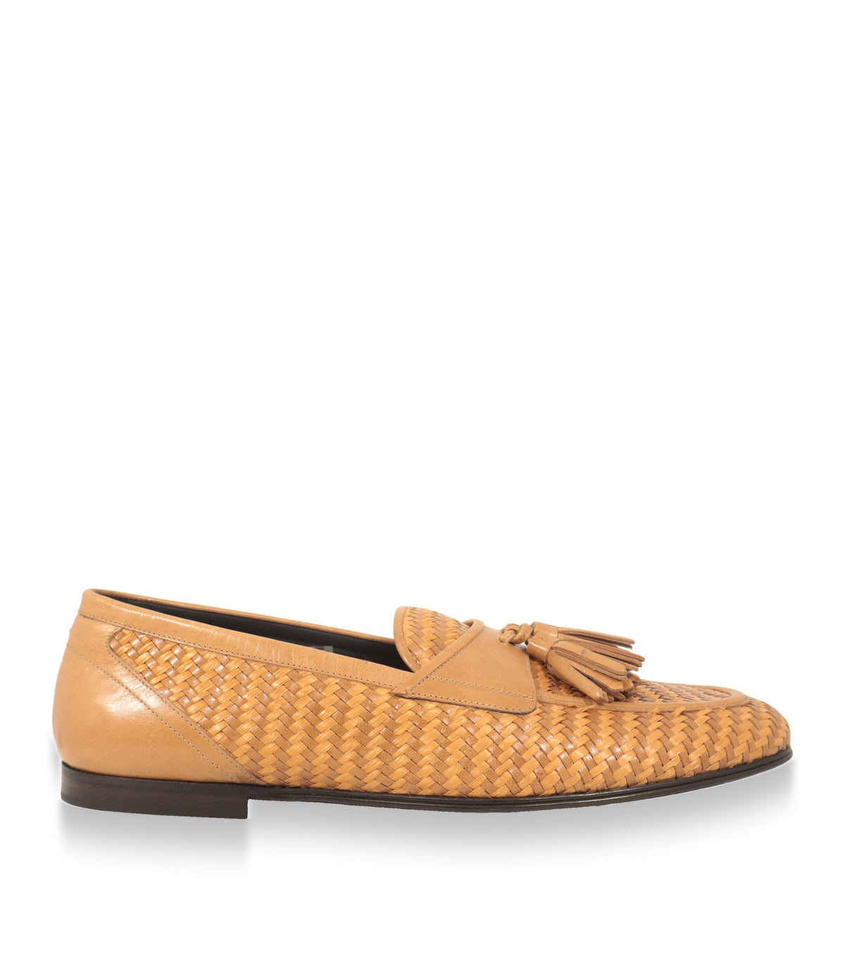 Dolce & Gabbana Loafer in Karamell aus Raffia-Leder-Geflecht, Seitenansicht