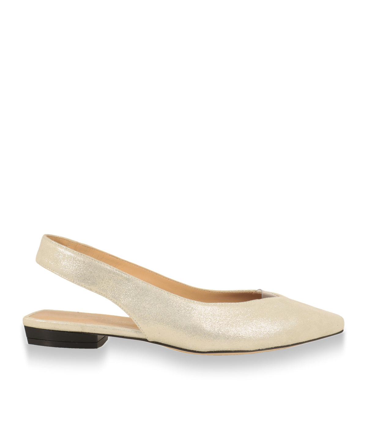 Sergio Rossi Ballerinas in Creme-Silber, Seitenansicht mit flachem Blockabsatz
