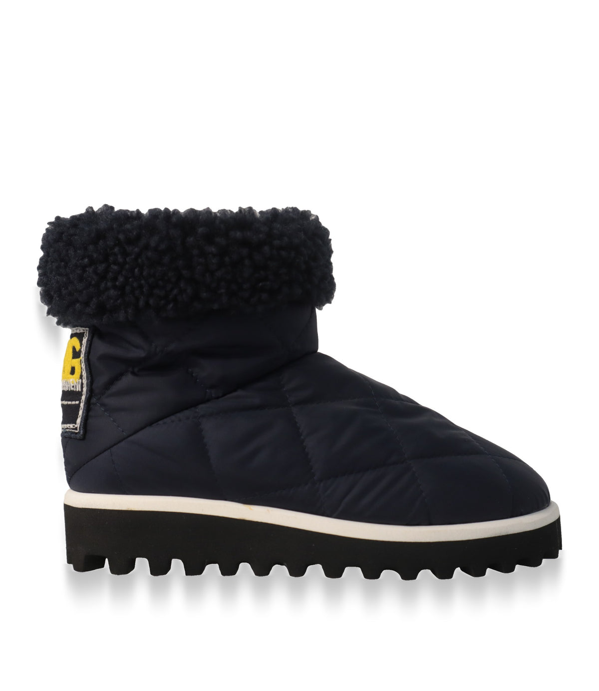Dolce & Gabbana Boots Größe 29 in Marineblau, Seitenansicht mit gestepptem Nylon und Teddy-Kragen