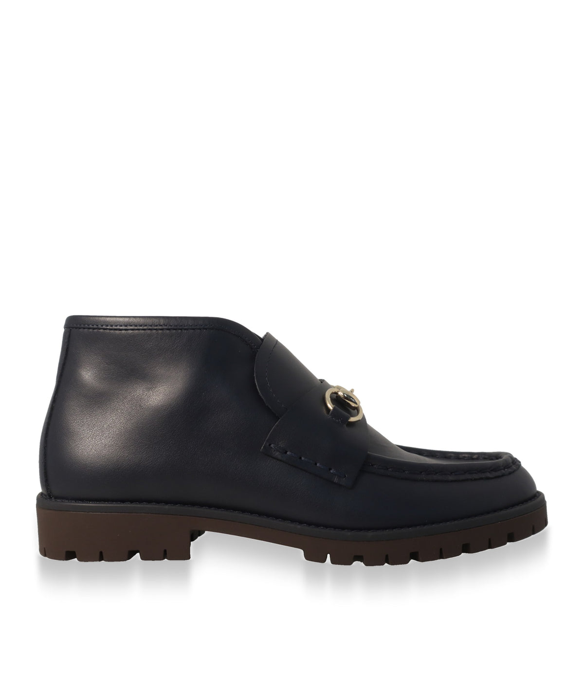 Gucci Stiefeletten Größe 31 aus marineblauem Kalbsleder in der Seitenansicht mit goldenem Horsebit-Detail