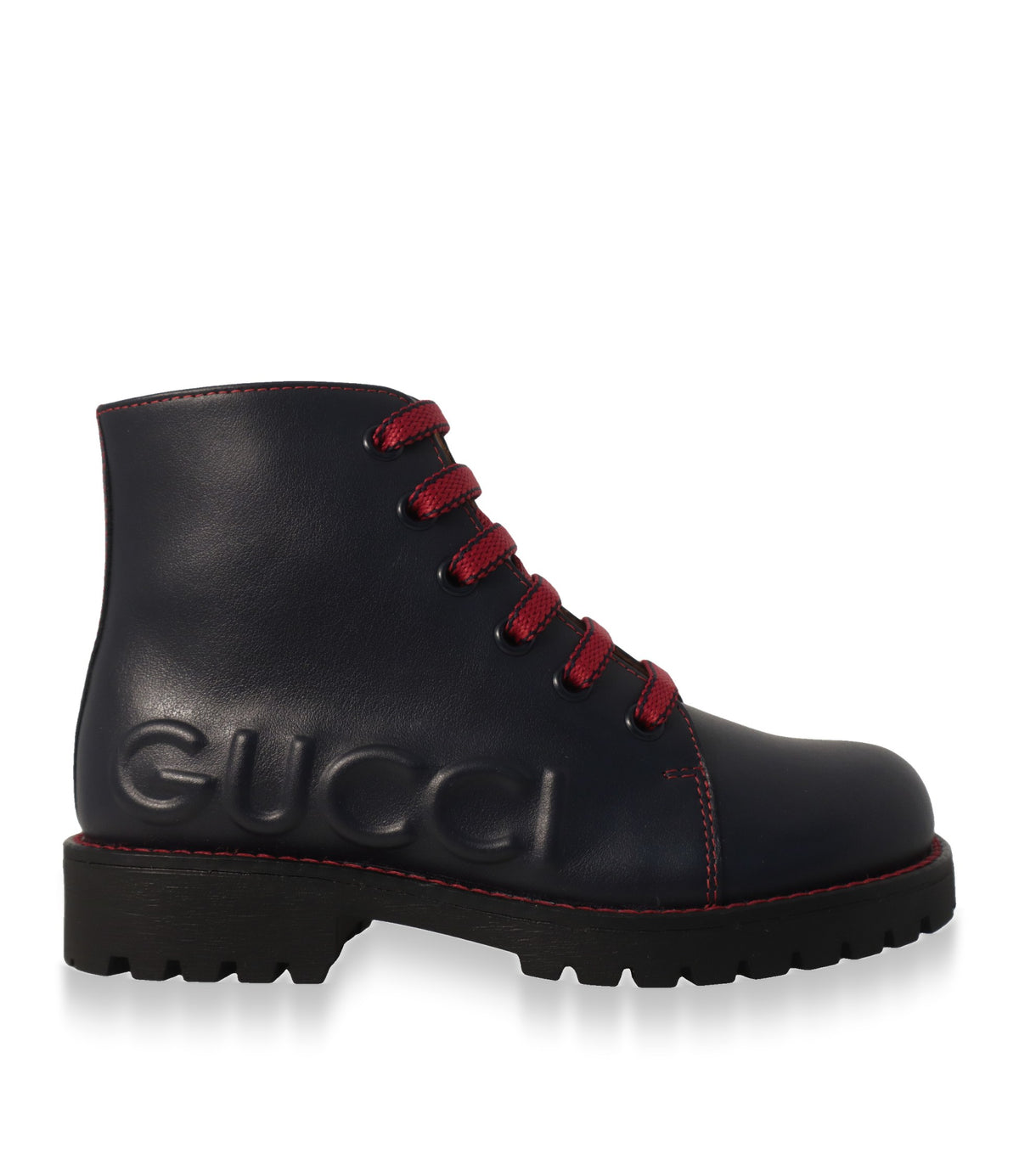 Gucci Boots Größe 28 aus blauem Kalbsleder mit geprägtem Logo in der Seitenansicht