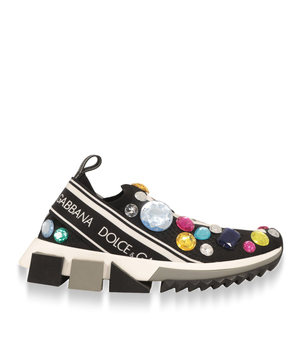 Dolce & Gabbana Slip-On Sneaker in Schwarz mit bunten Kristallen und weißem Logoband, Seitenansicht