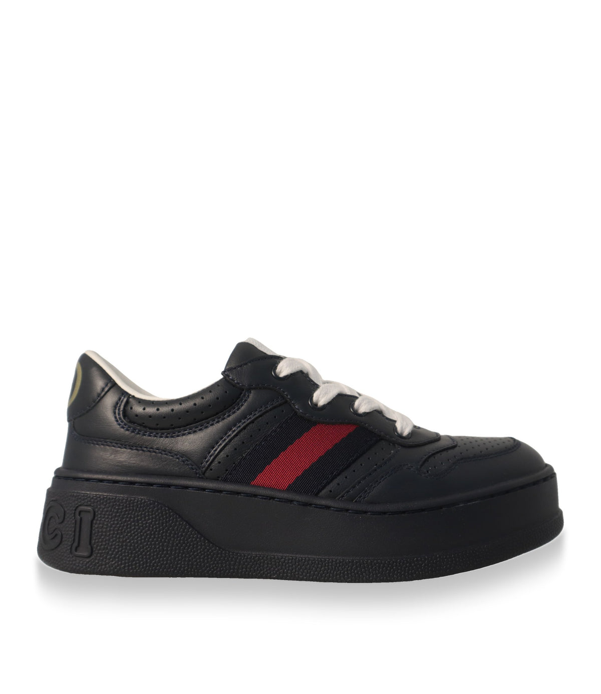 Gucci Sneaker in Marineblau aus Leder mit rot-blauem Web-Streifen, Seitenansicht