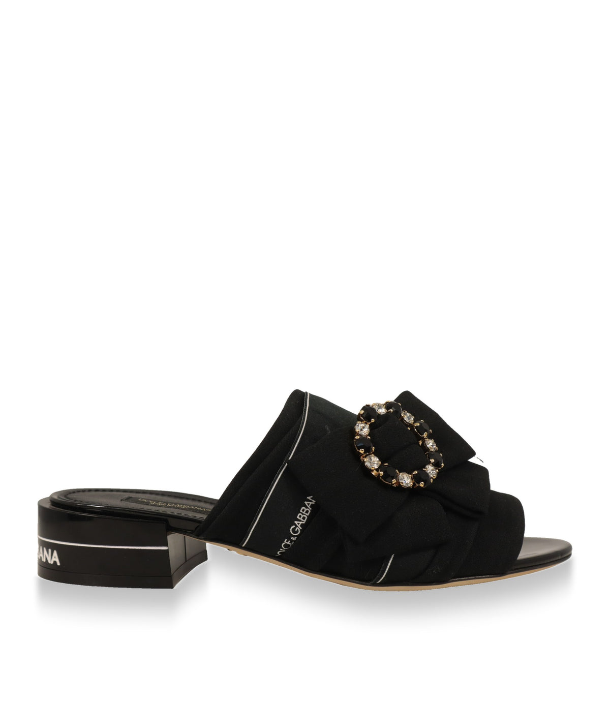 Dolce & Gabbana Mules in Schwarz mit Kristallschnalle, Seitenansicht