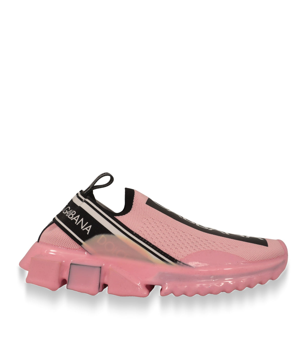 Dolce & Gabbana Slip-On Sneaker in Rosa mit schwarz-weißem Logoband, Seitenansicht