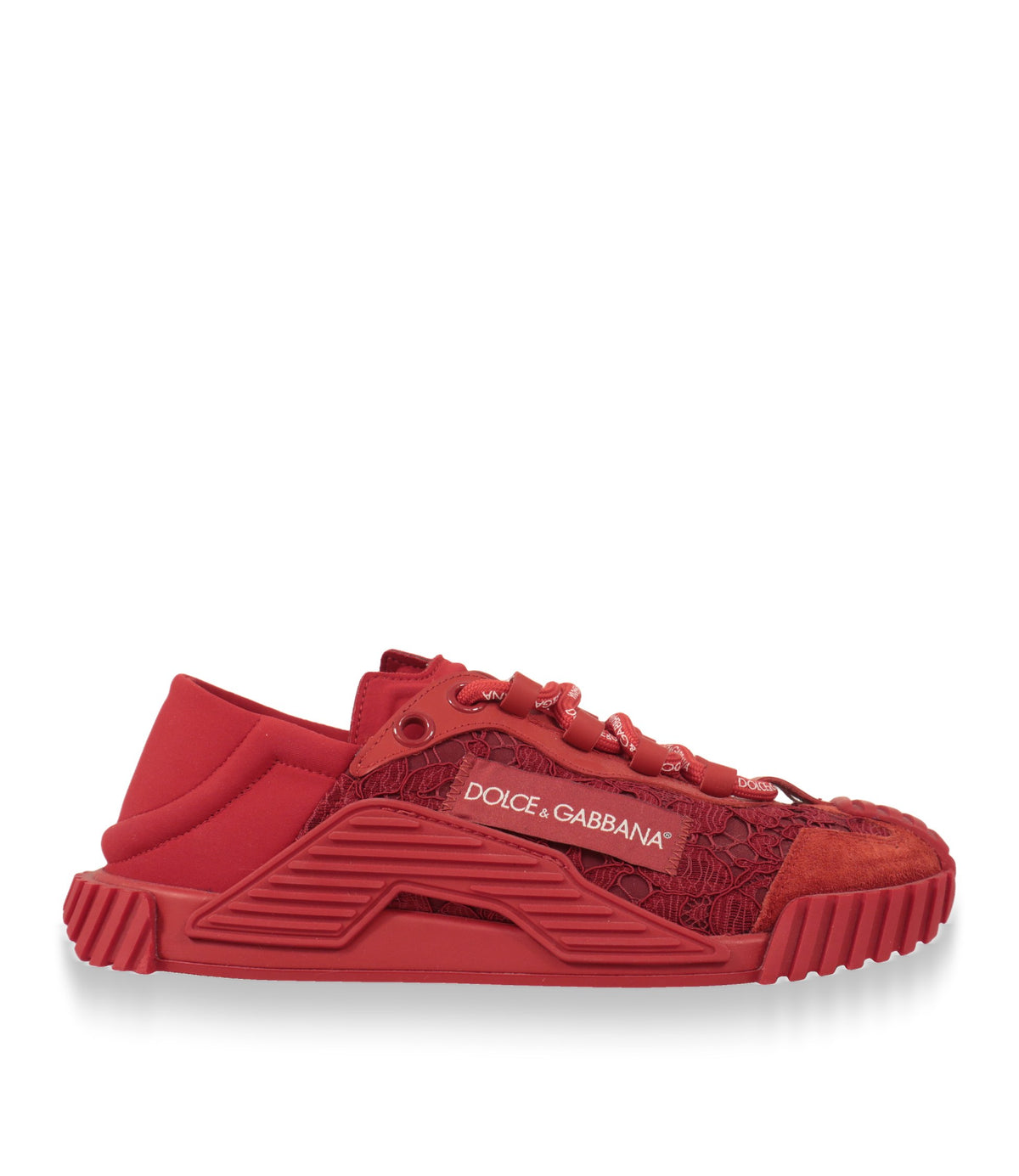 Dolce & Gabbana Sneaker in Rot mit floraler Spitze und Logo-Label, Seitenansicht