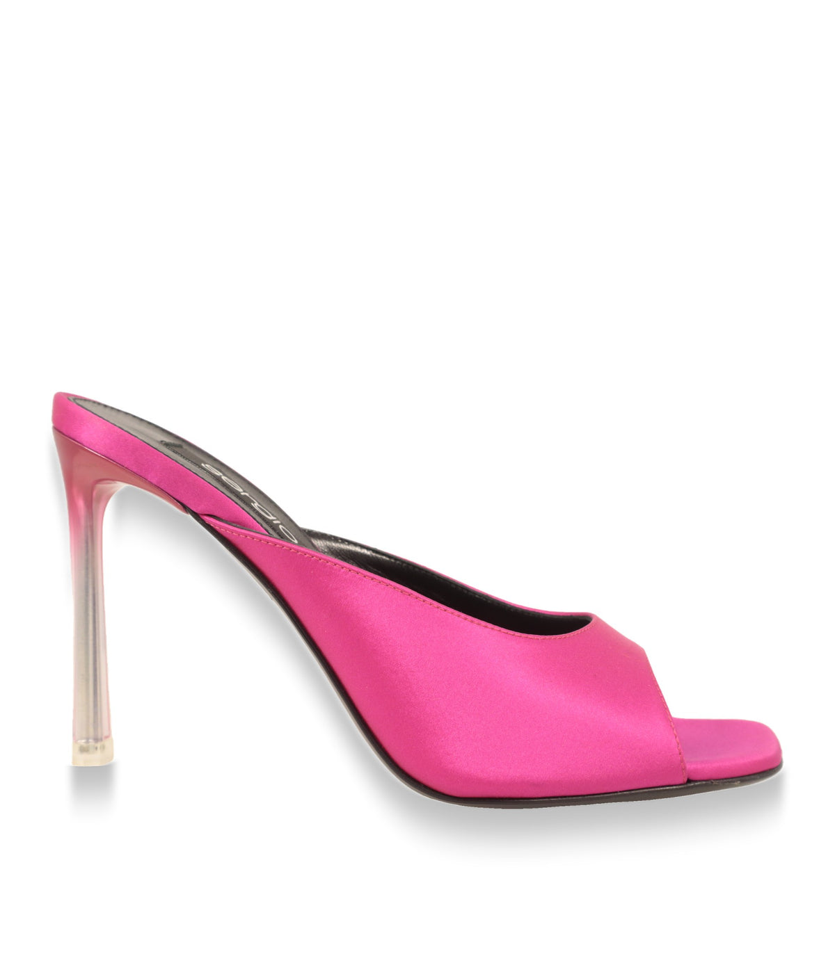 Sergio Rossi Mules in Magenta aus Crêpe-Satin mit transparentem Plexi-Absatz, Seitenansicht