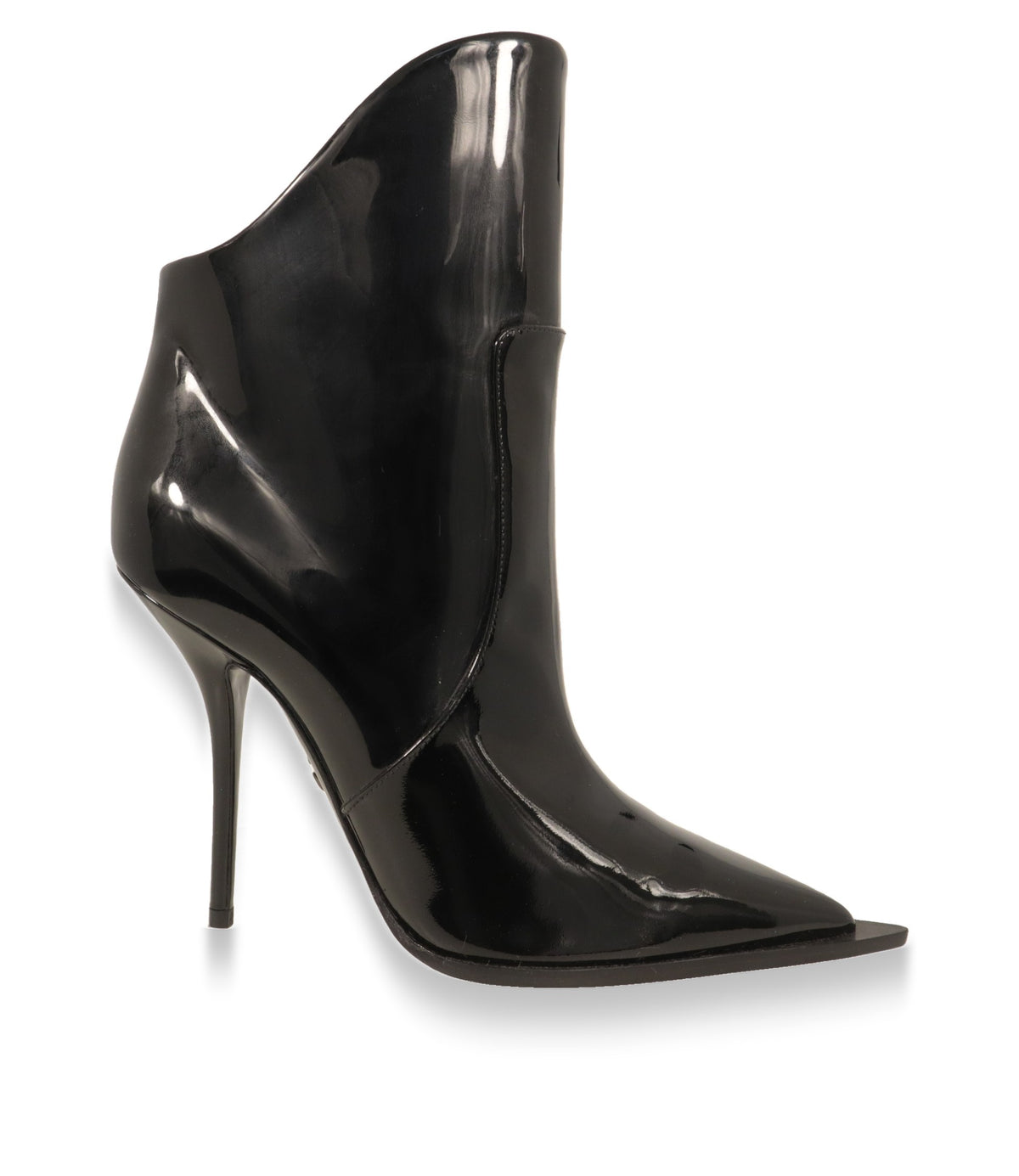 Dolce & Gabbana Stiefeletten aus schwarzem Lackleder in der Seitenansicht mit Stiletto-Absatz