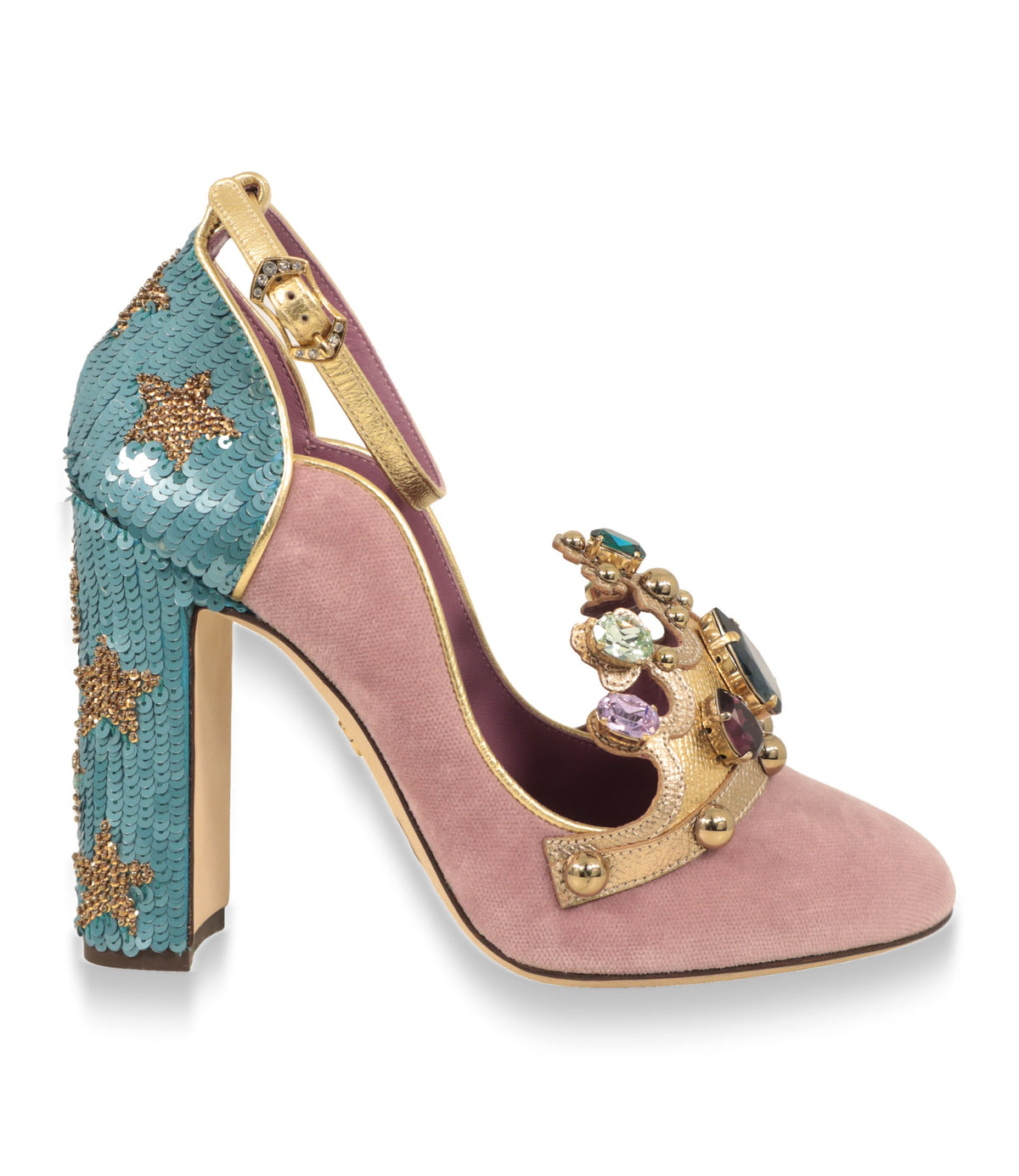 Dolce & Gabbana Pumps in Rosa mit Kristallkrone und türkisfarbenem Paillettenabsatz, Seitenansicht