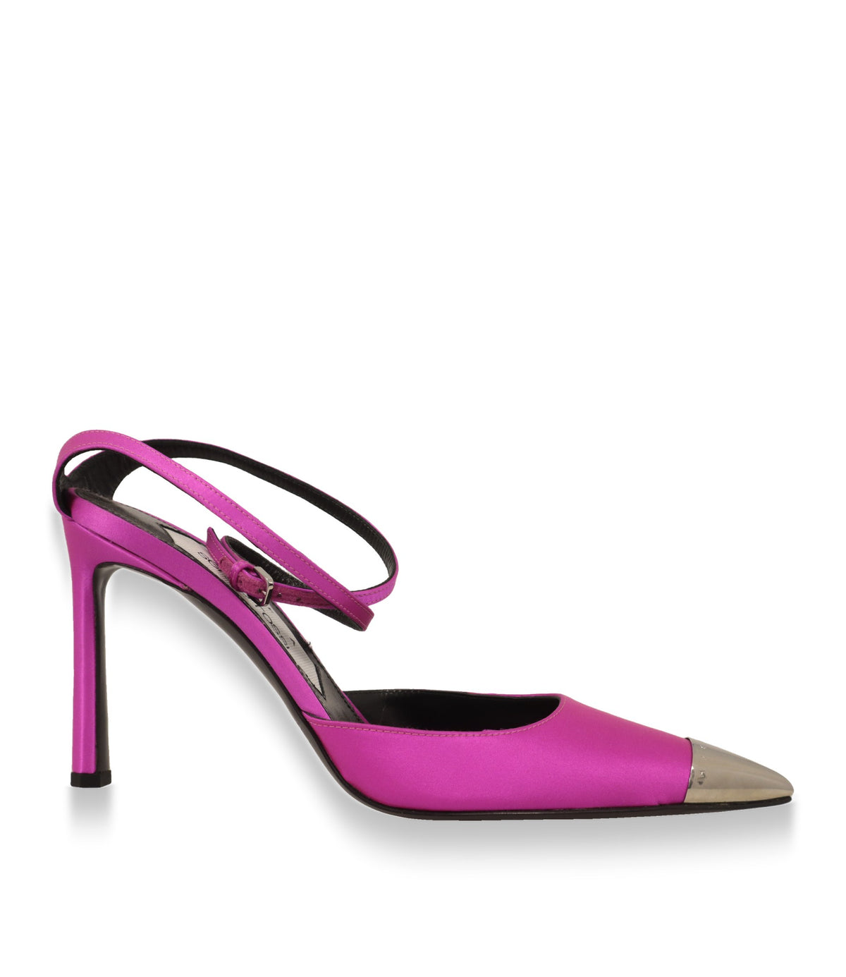 Sergio Rossi Pumps in Pink aus Crêpe-Satin mit silberner Metallkappe, Seitenansicht