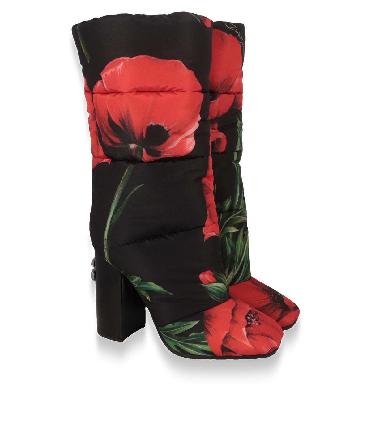 Dolce & Gabbana Damenstiefel aus gepolstertem Nylon mit Blockabsatz, Dreiviertelansicht