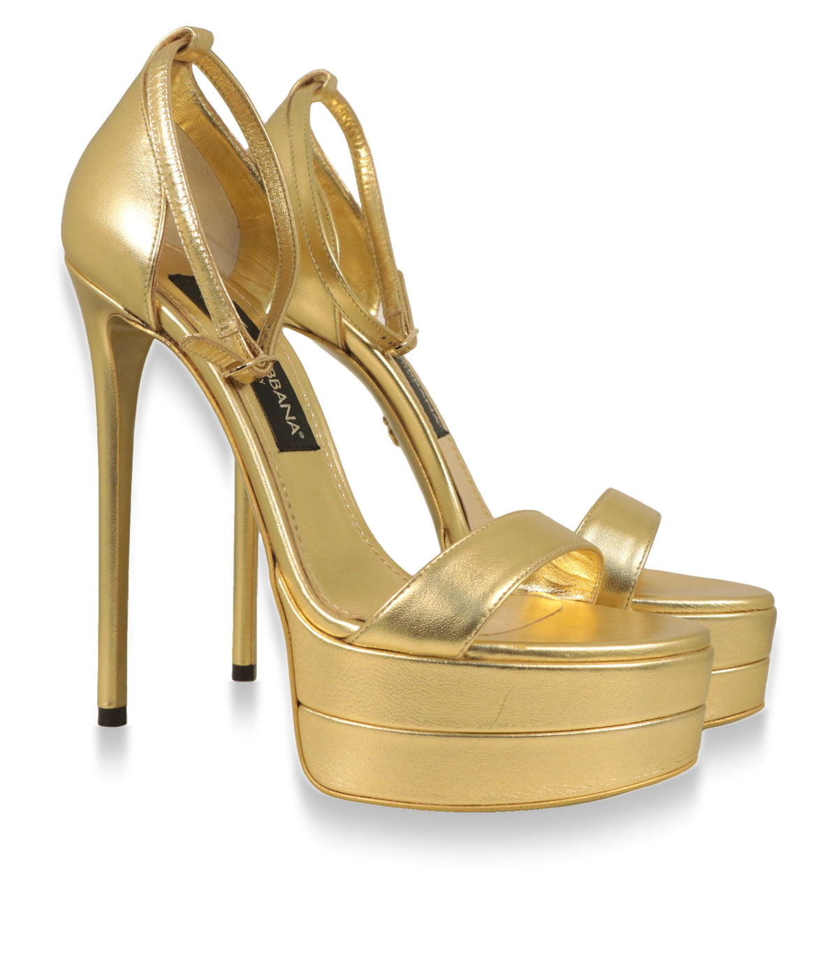 Goldene Dolce & Gabbana Plateau-Sandalen aus Nappaleder im Paar, Dreiviertelansicht
