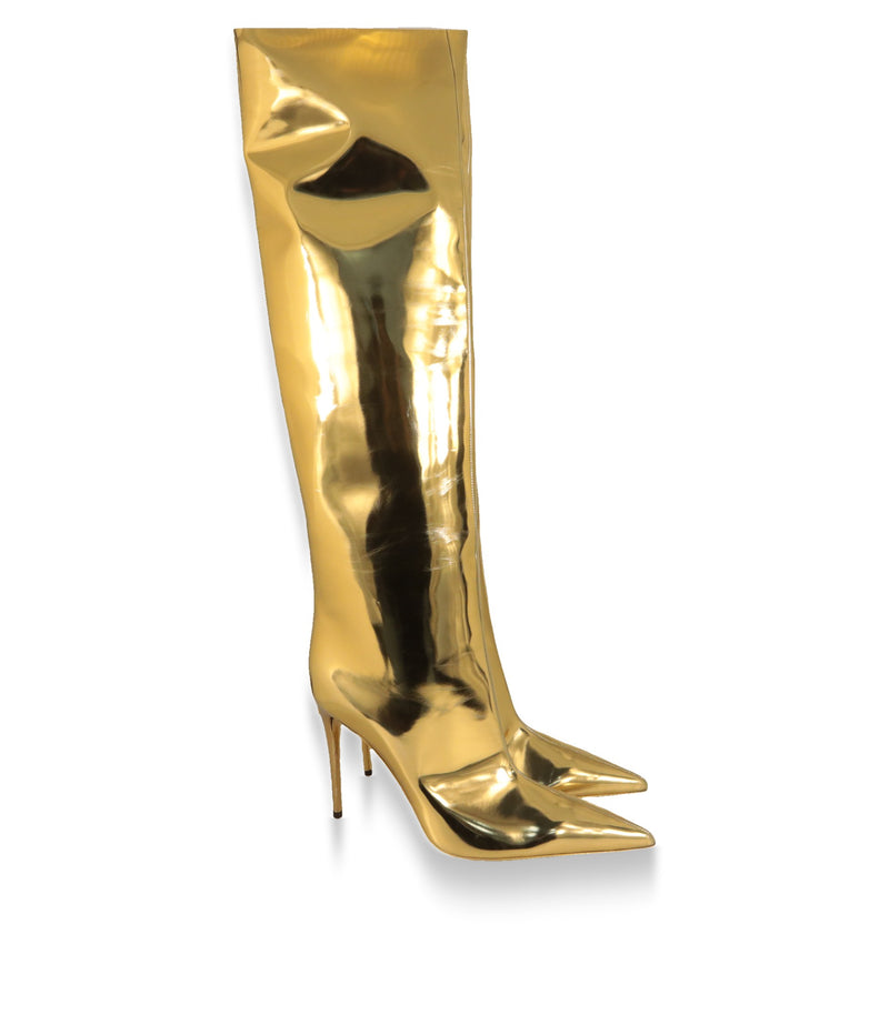 Goldene Overknee-Stiefel von Dolce & Gabbana mit spitzer Kappe, Schrägansicht