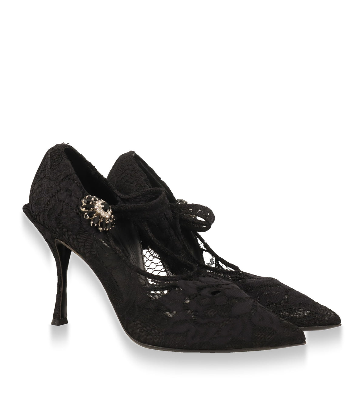 Schwarze Dolce & Gabbana Mary Jane Pumps aus Spitze im Paar von vorn seitlich