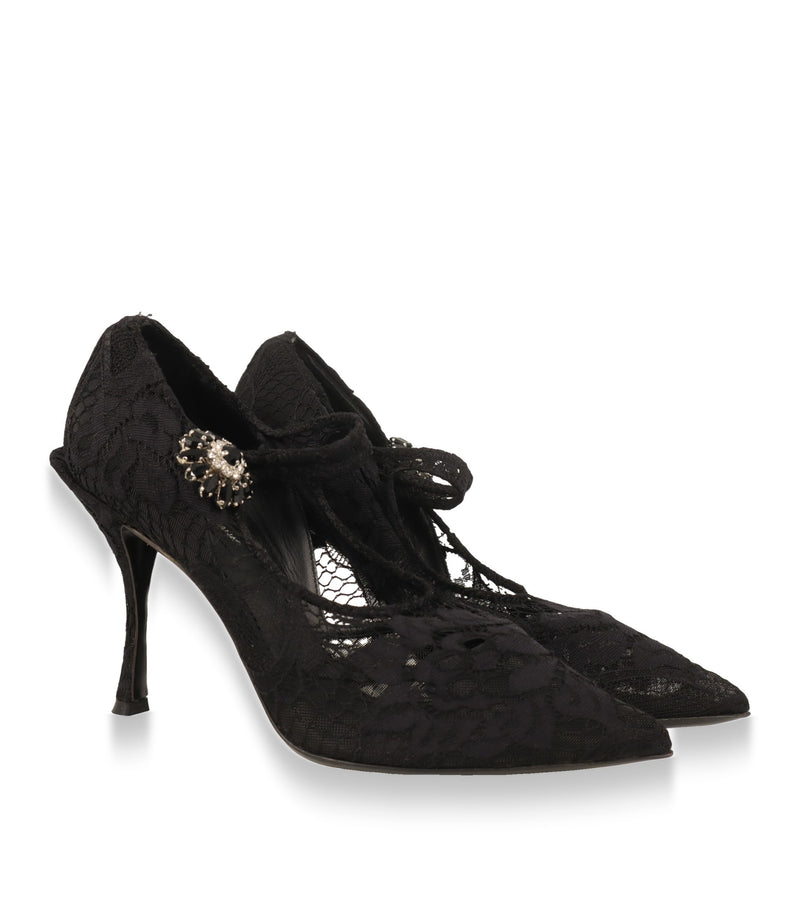 Schwarze Dolce & Gabbana Mary Jane Pumps aus Spitze im Paar von vorn seitlich