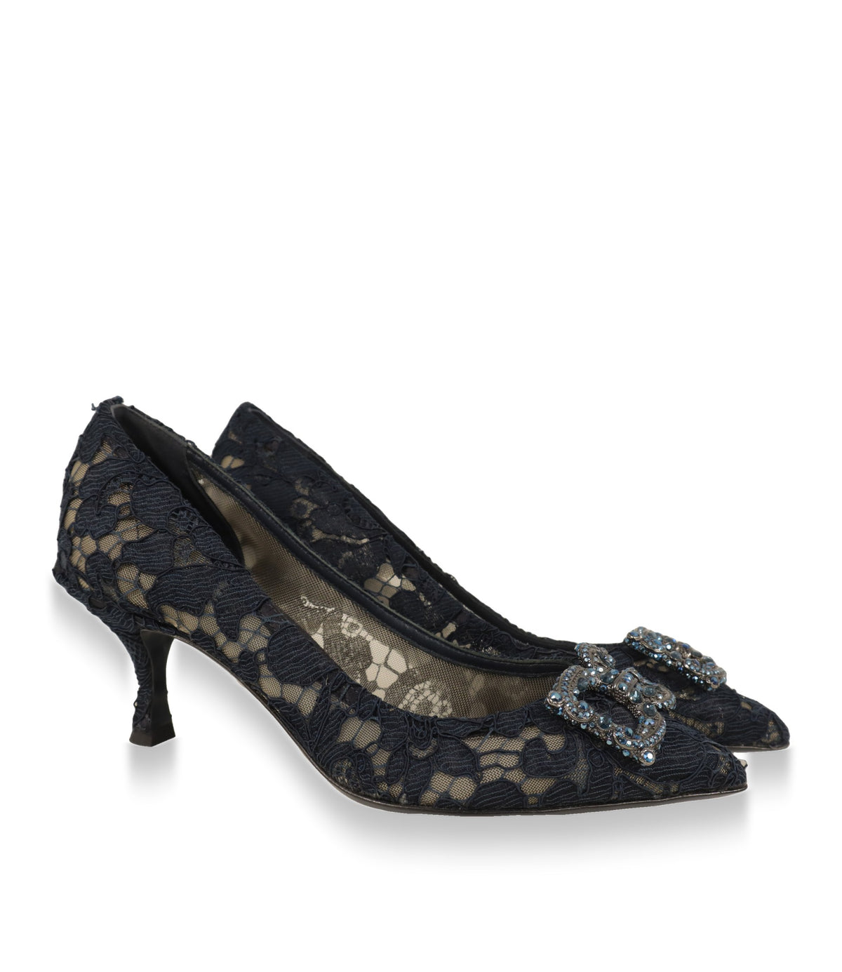 Dolce & Gabbana Pumps Paar aus blauer Spitze mit kristallbesetzter DG-Schnalle