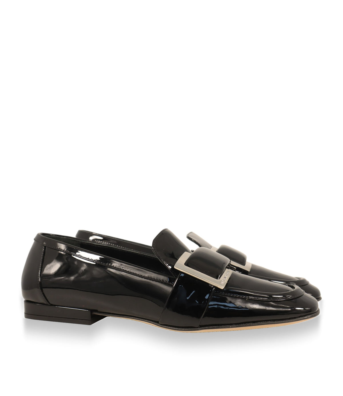 Sergio Rossi Loafer Damen in Schwarz, Lackleder-Slipper im Paar von der Seite